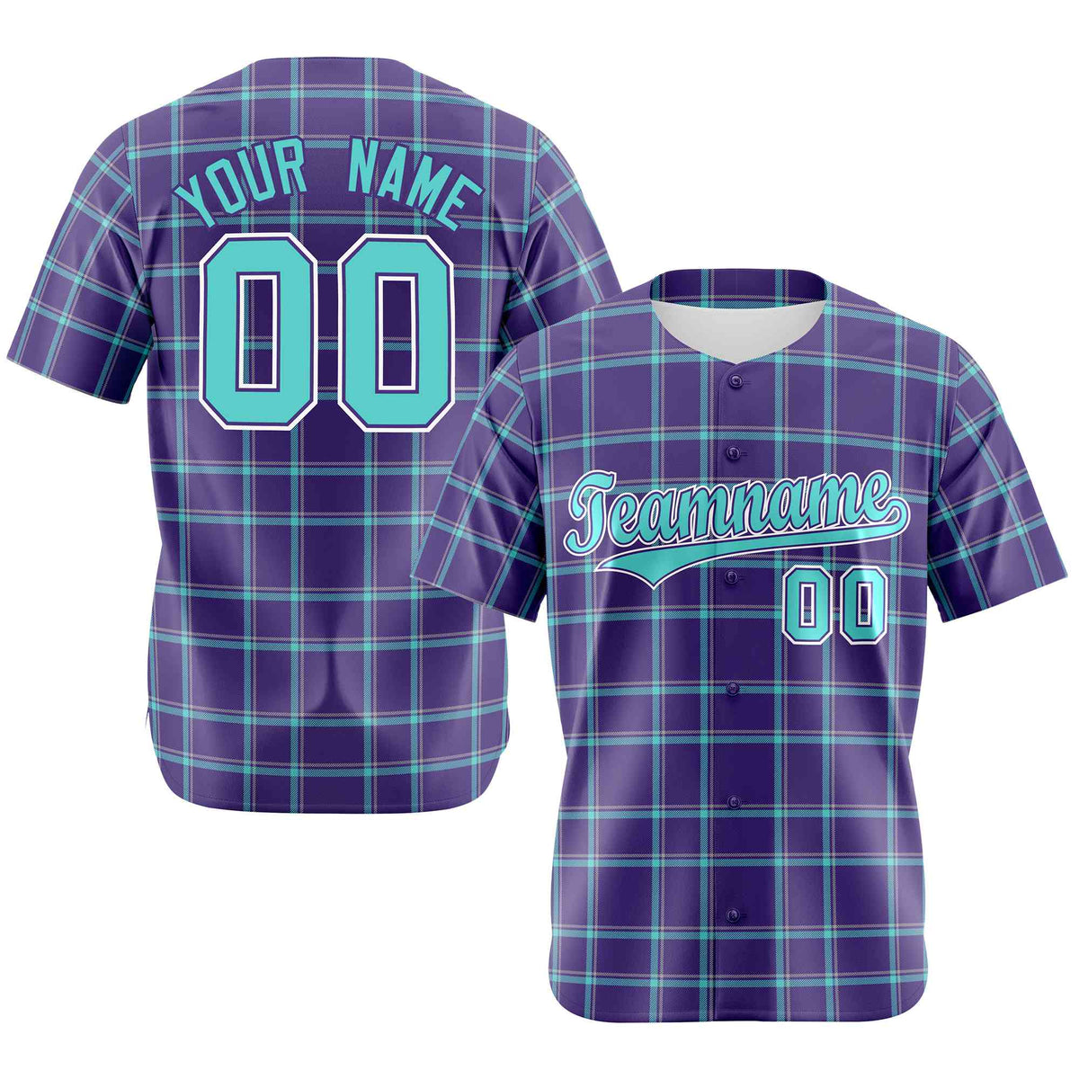 Custom Purple Aqua Personalized Plaid Design Authentic Baseball Jersey