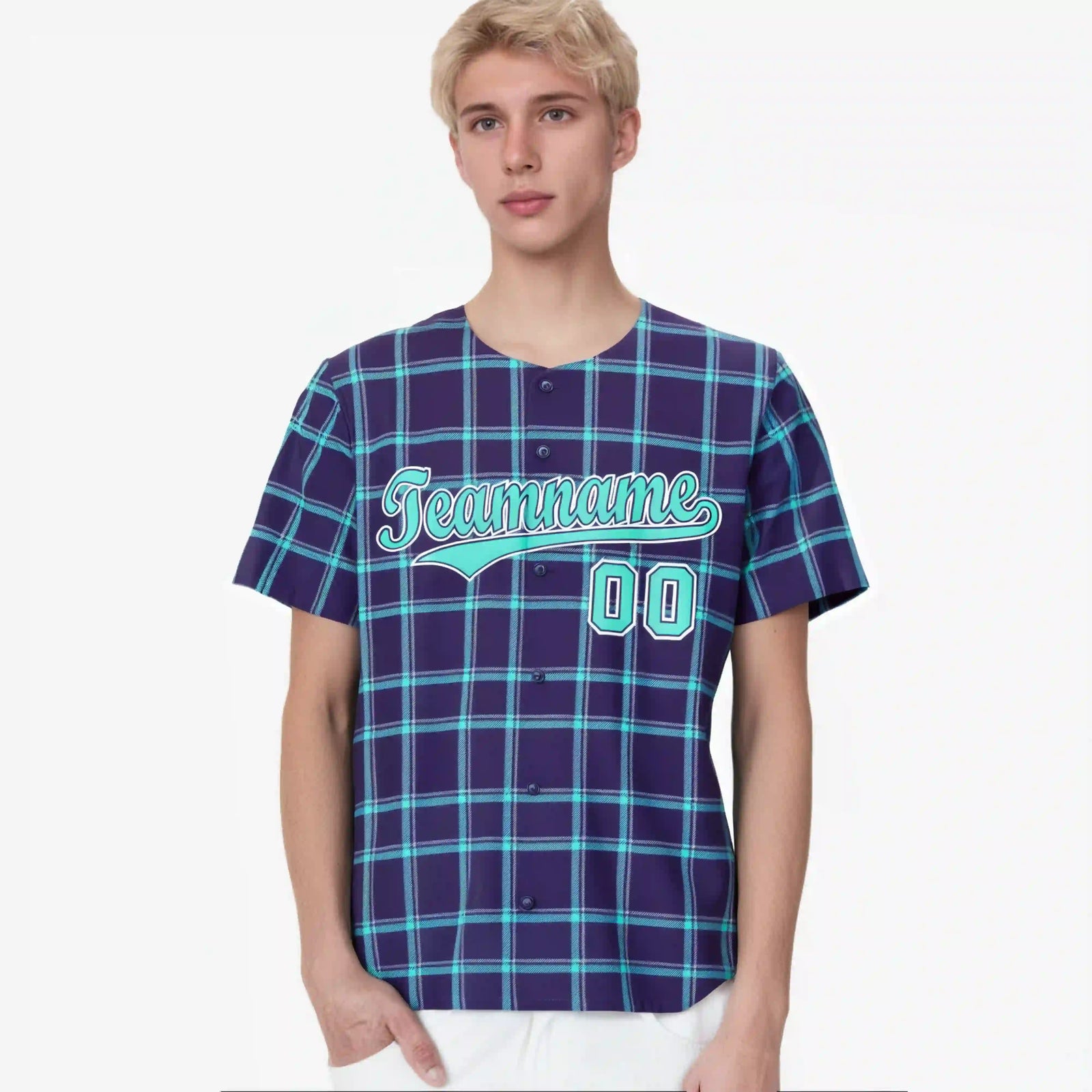 Custom Purple Aqua Personalized Plaid Design Authentic Baseball Jersey