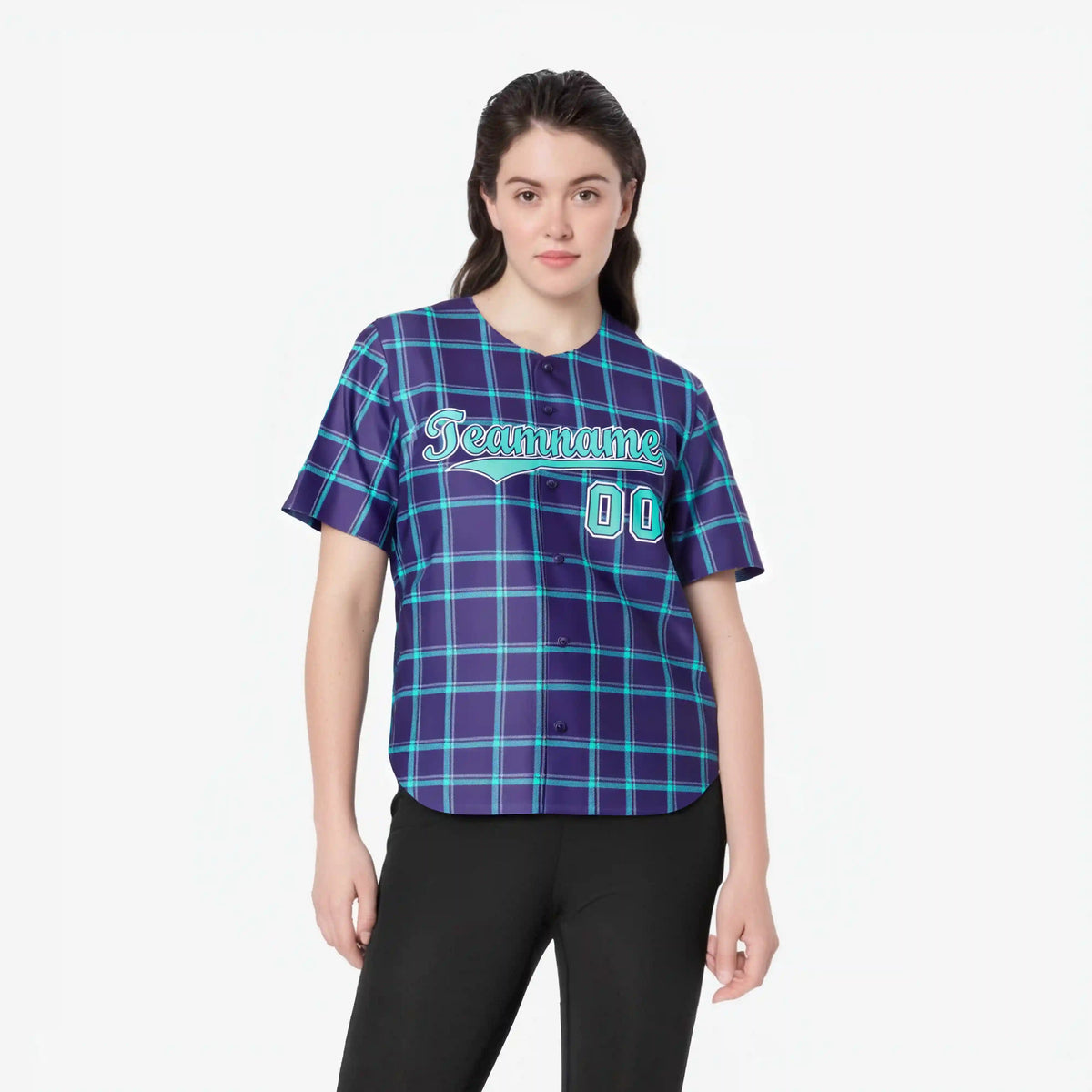 Custom Purple Aqua Personalized Plaid Design Authentic Baseball Jersey