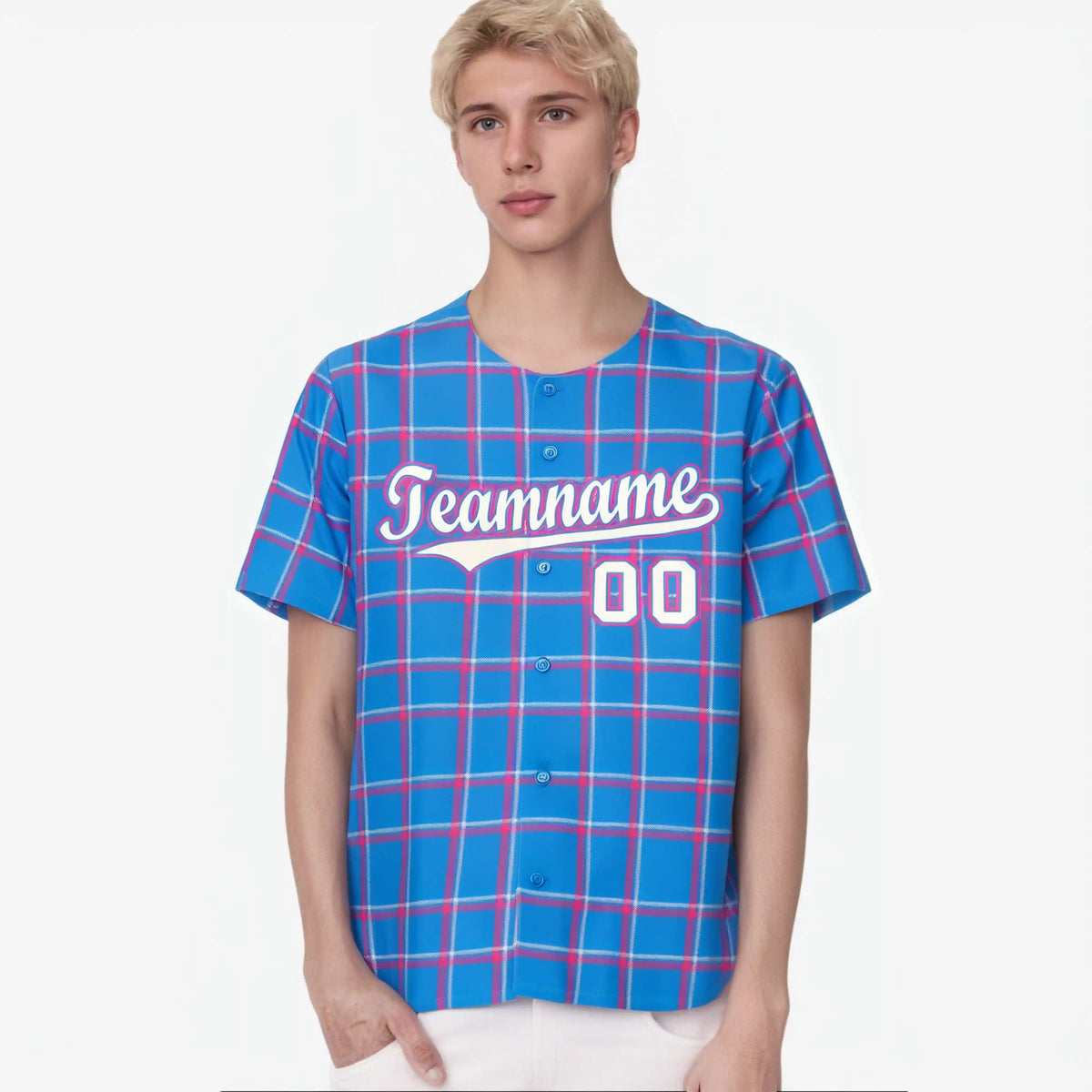 Custom Powder Blue Pink Personalized Plaid Design Authentic Baseball Jersey