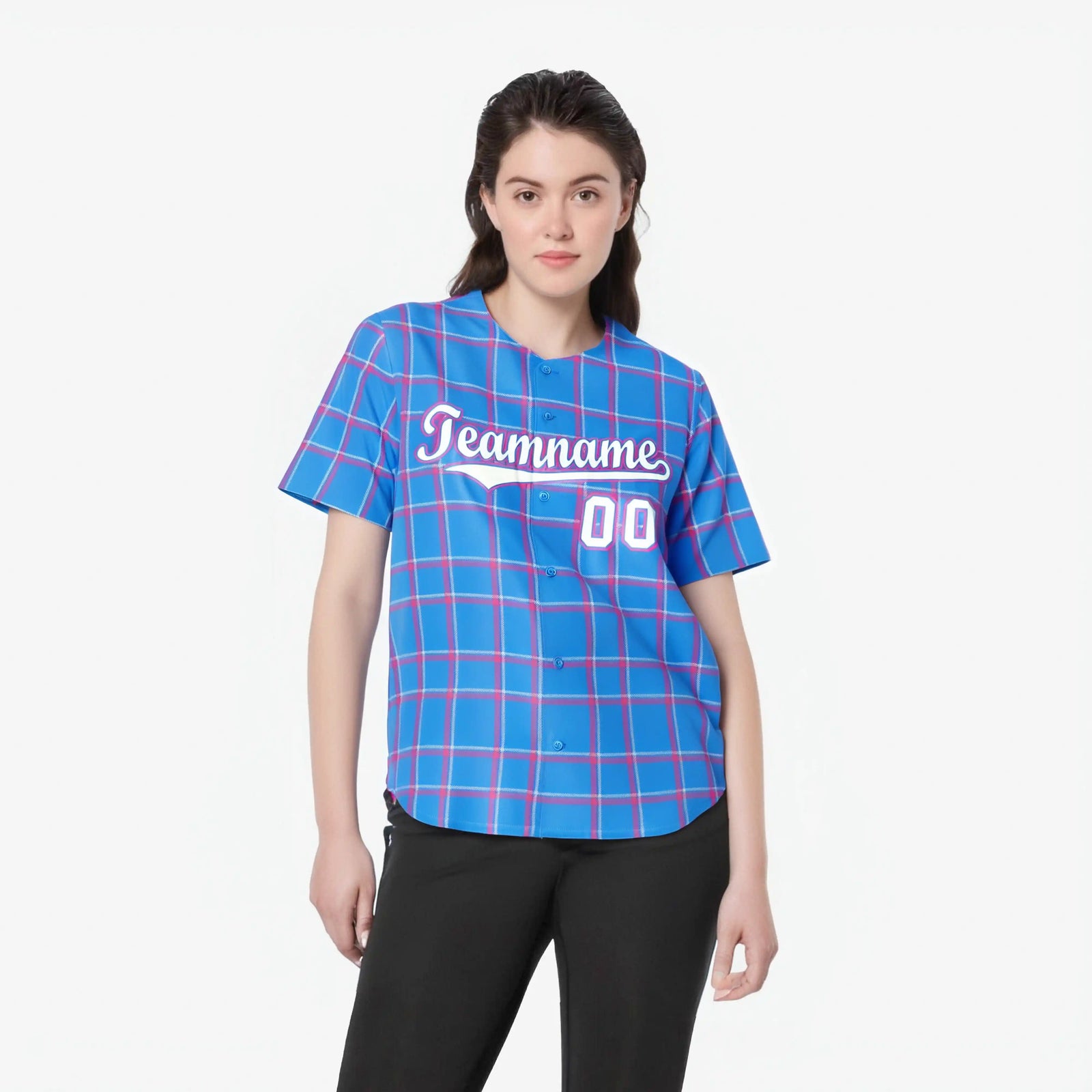 Custom Powder Blue Pink Personalized Plaid Design Authentic Baseball Jersey