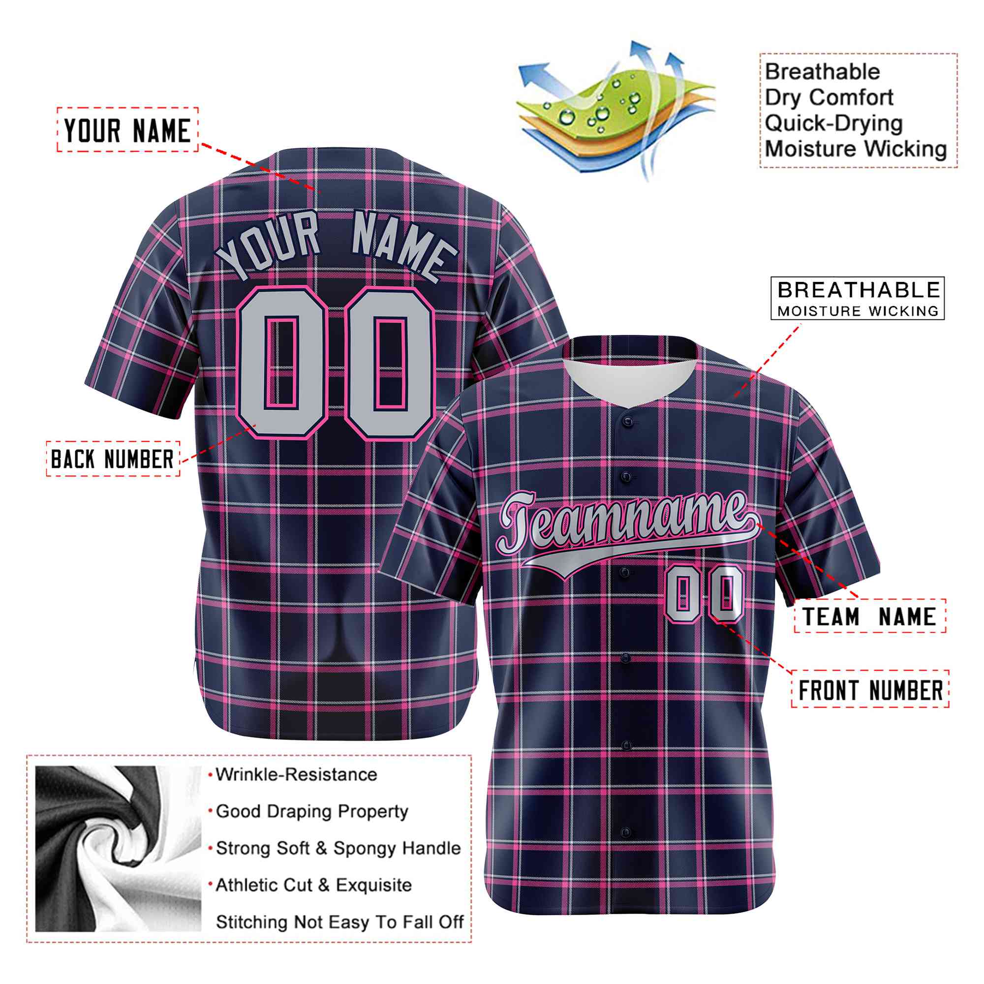 Custom Navy Pink Personalized Plaid Design Authentic Baseball Jersey