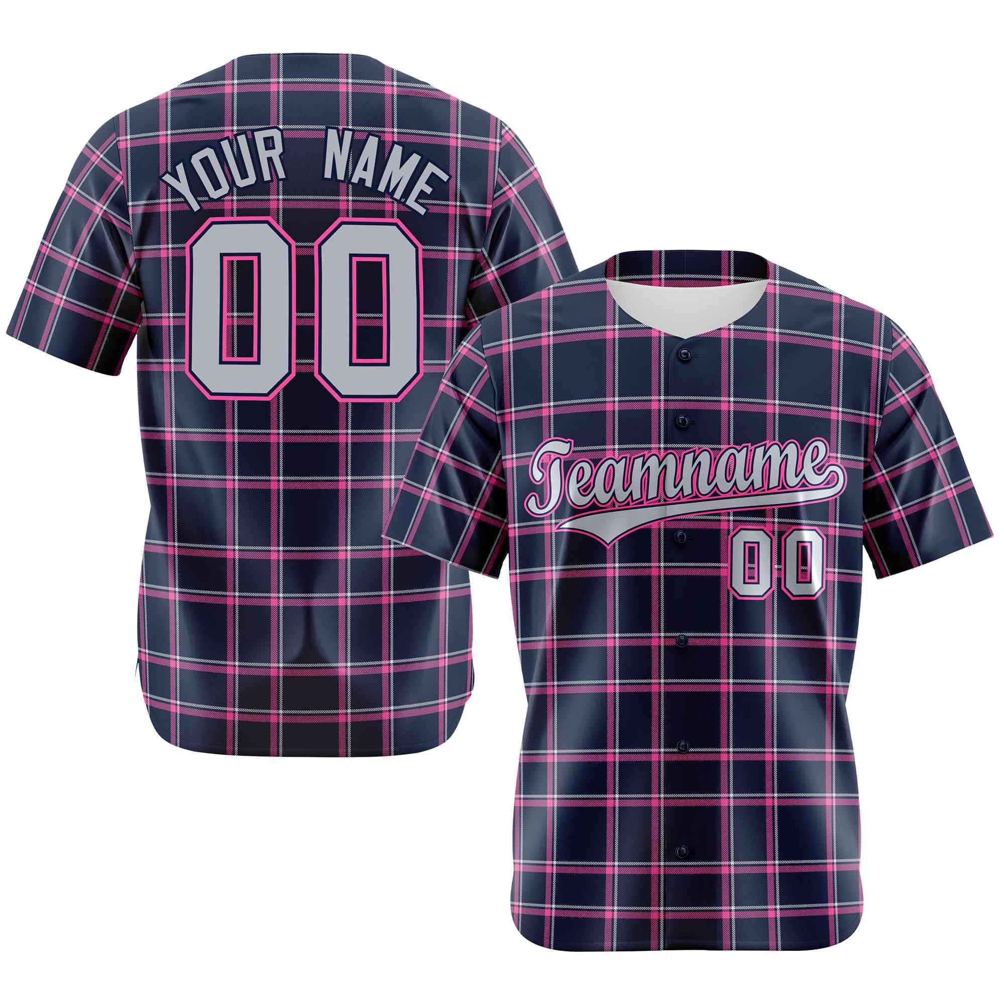 Custom Navy Pink Personalized Plaid Design Authentic Baseball Jersey