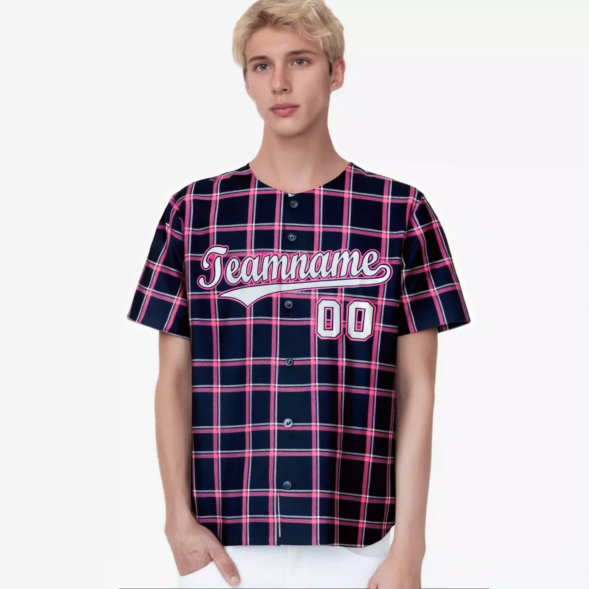 Custom Navy Pink Personalized Plaid Design Authentic Baseball Jersey