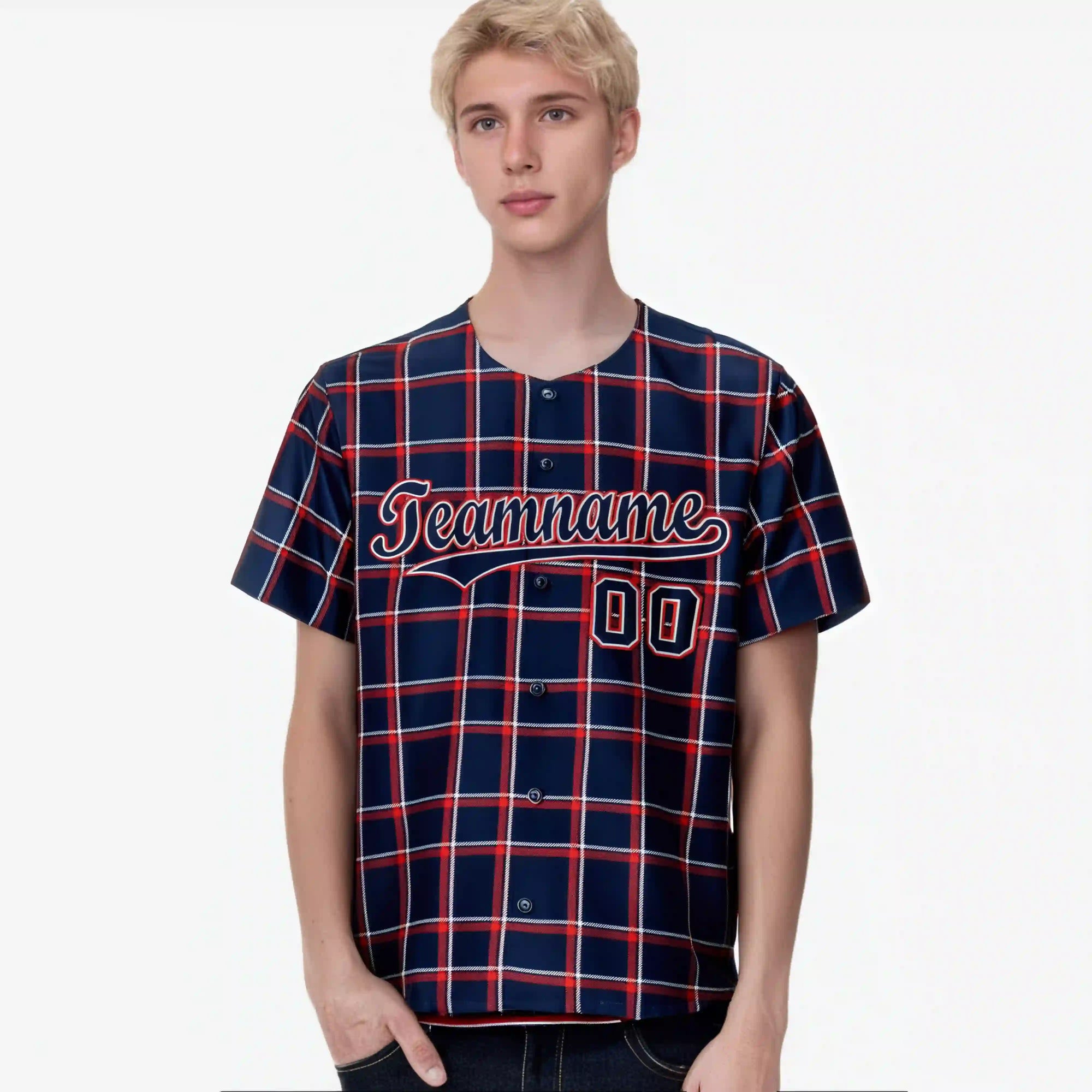 Custom Navy Red Personalized Plaid Design Authentic Baseball Jersey