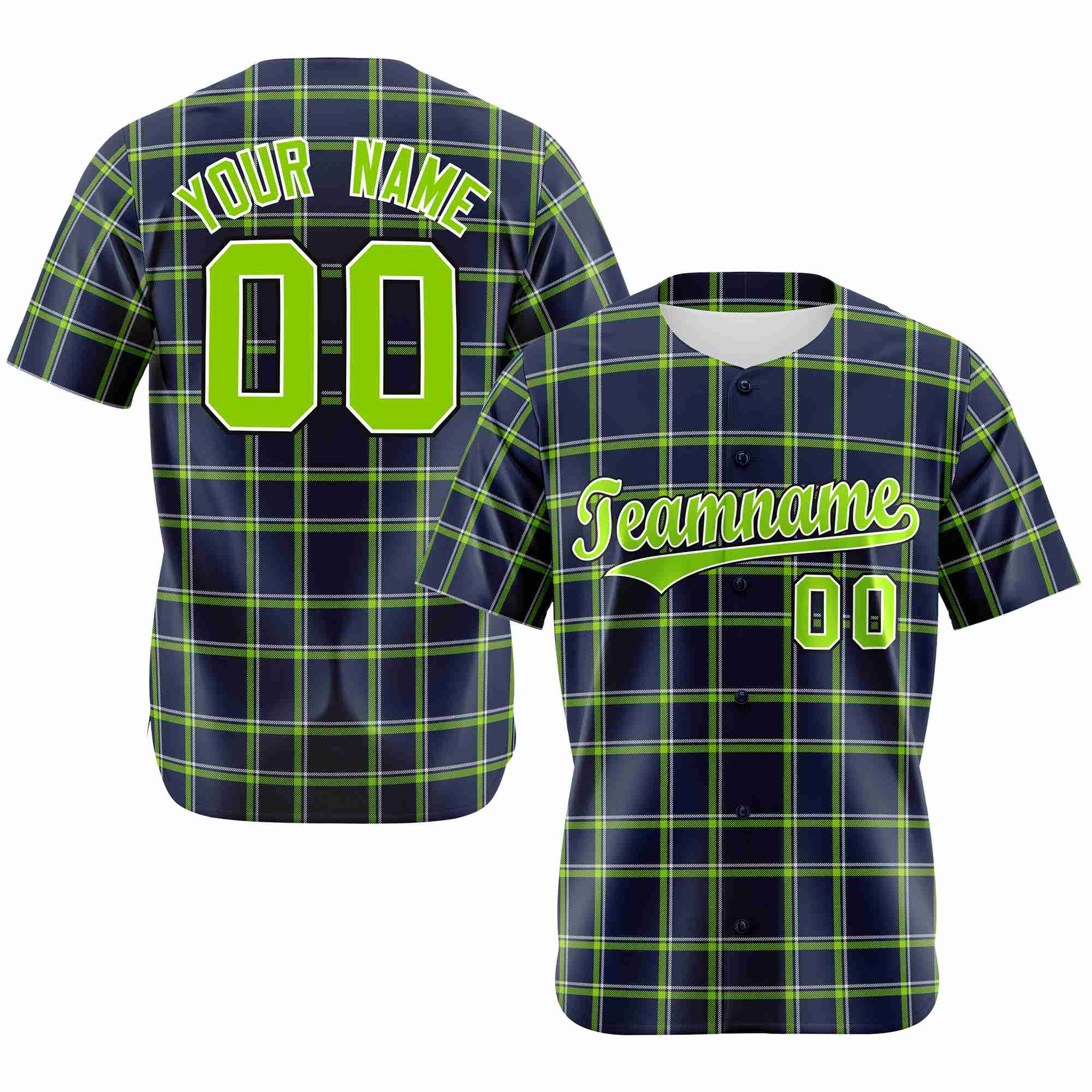 Custom Navy Neon Green Personalized Plaid Design Authentic Baseball Jersey