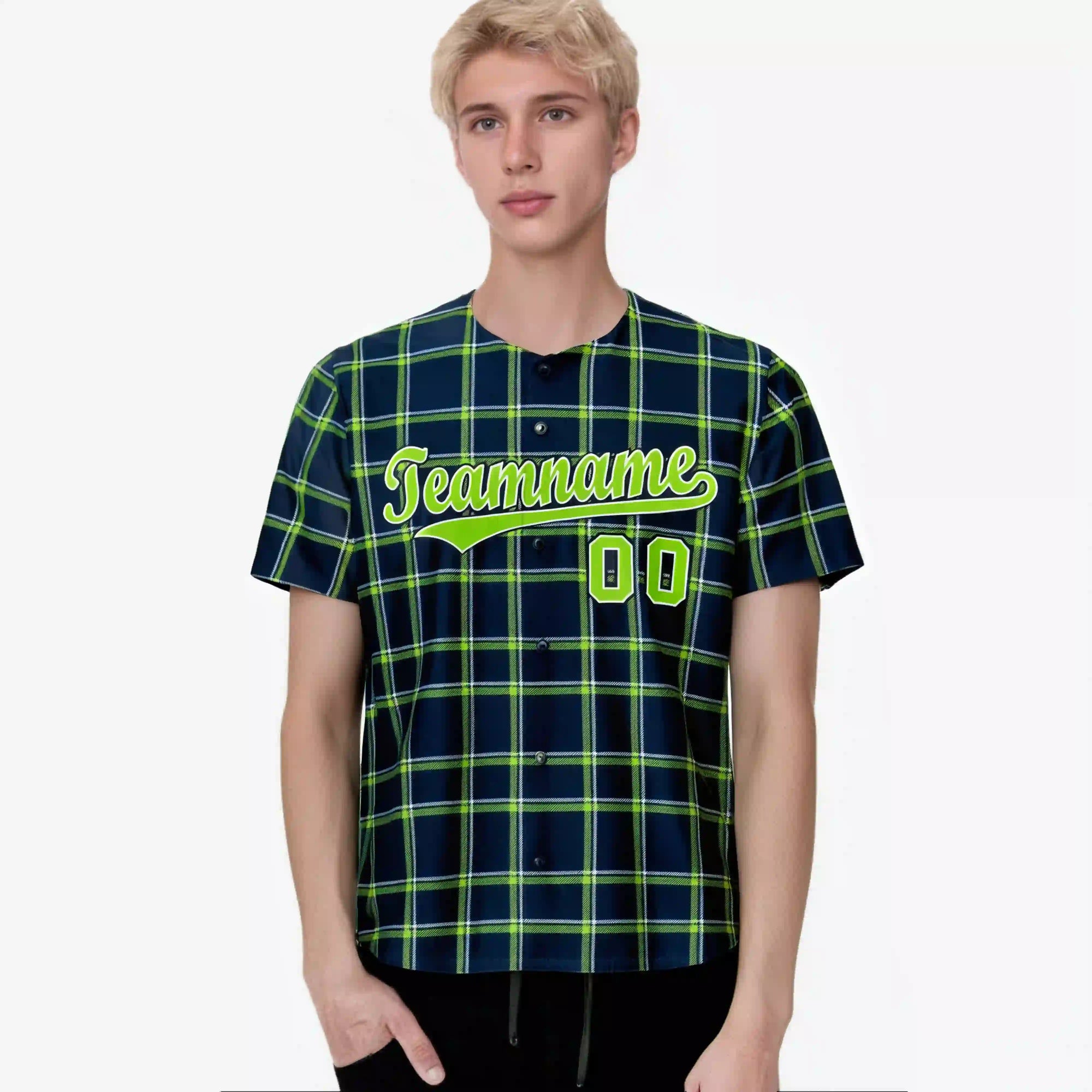 Custom Navy Neon Green Personalized Plaid Design Authentic Baseball Jersey