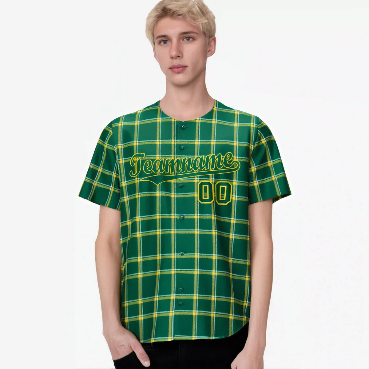 Custom Kelly Green Gold Personalized Plaid Design Authentic Baseball Jersey