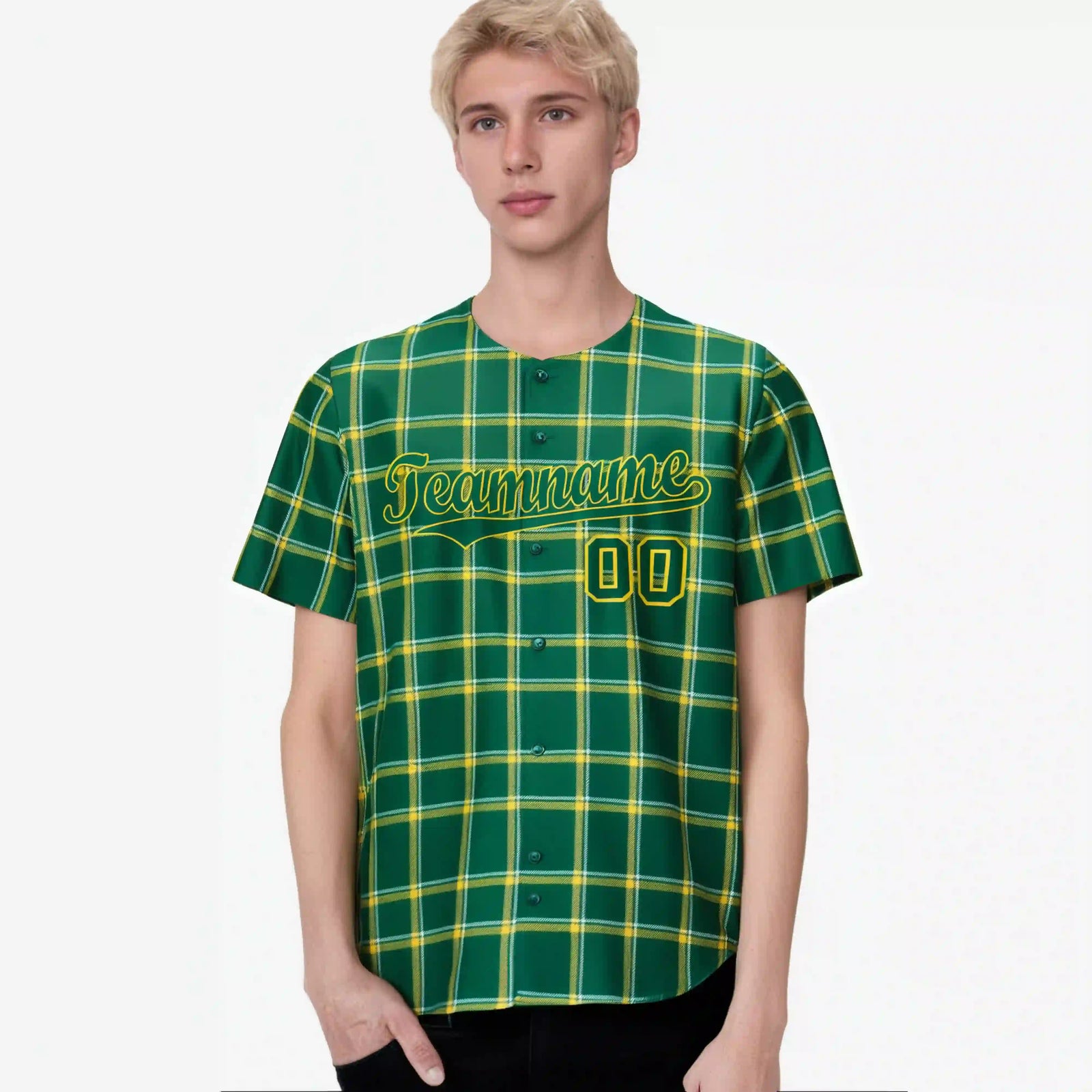 Custom Kelly Green Gold Personalized Plaid Design Authentic Baseball Jersey