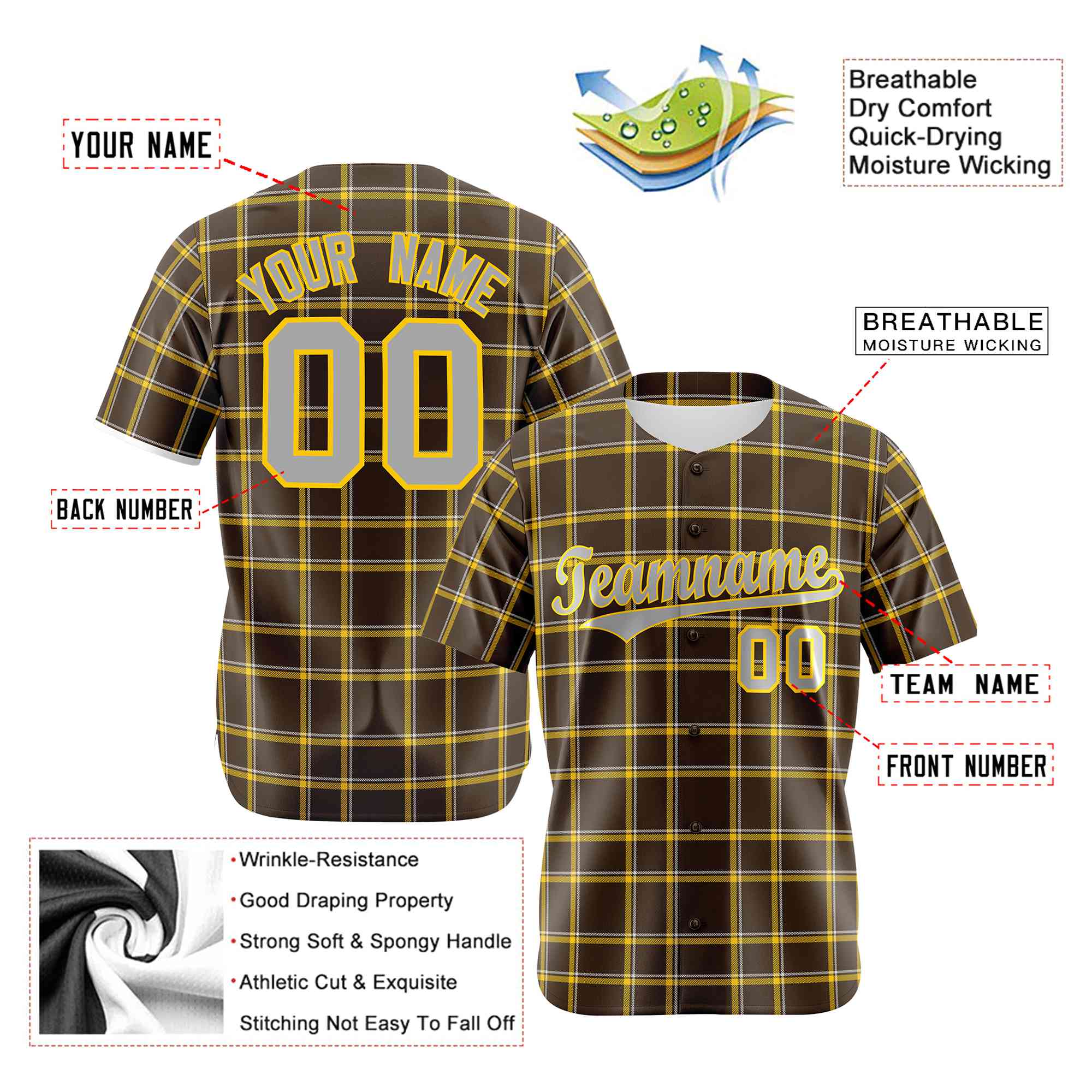 Custom Brown Yellow Personalized Plaid Design Authentic Baseball Jersey