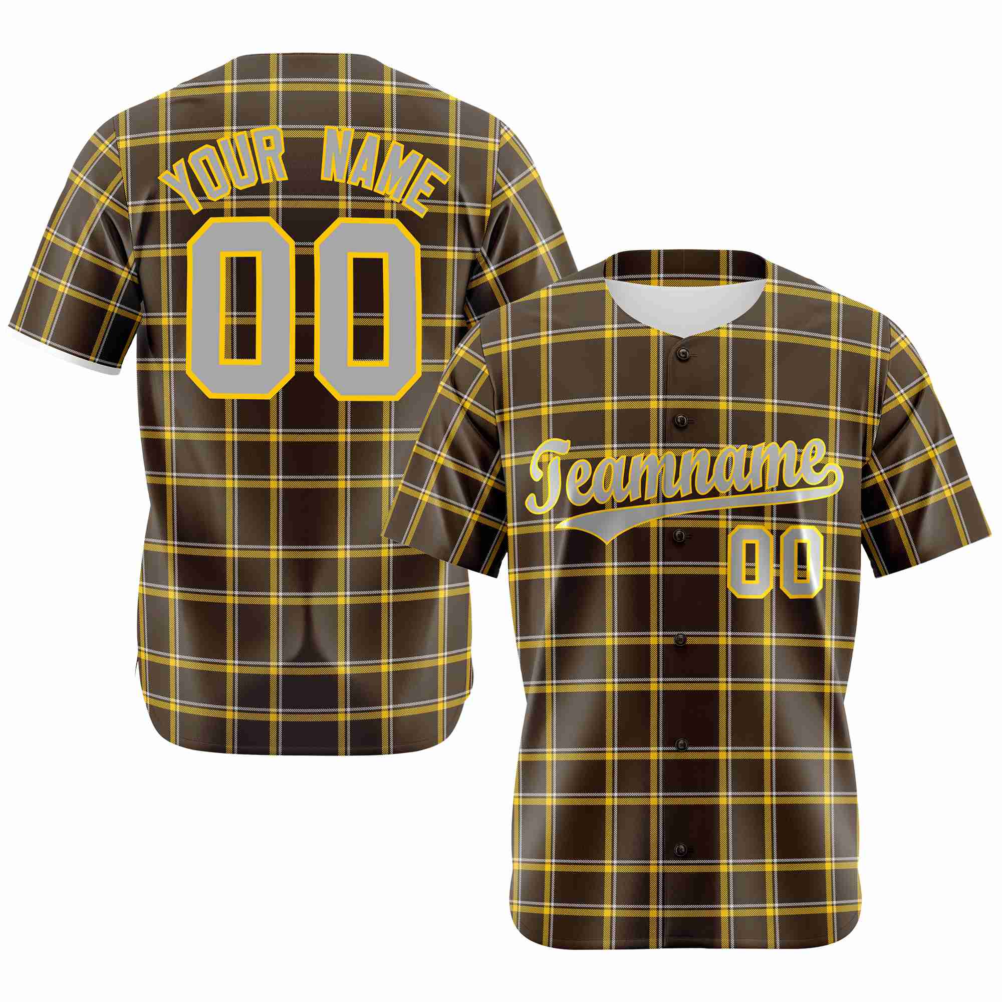 Custom Brown Yellow Personalized Plaid Design Authentic Baseball Jersey