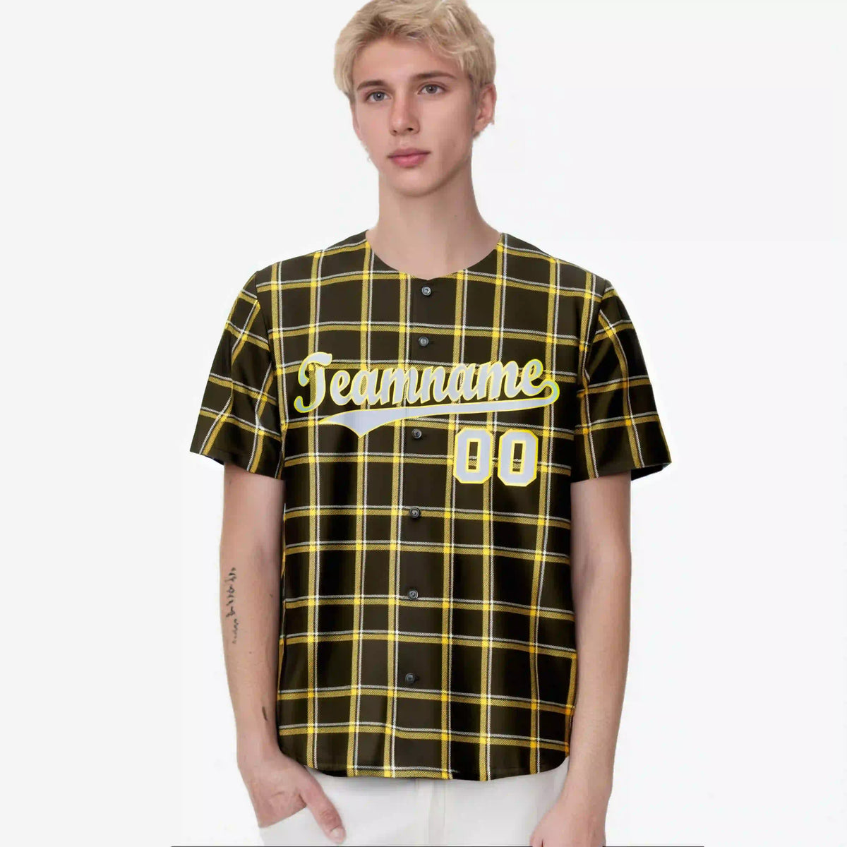 Custom Brown Yellow Personalized Plaid Design Authentic Baseball Jersey