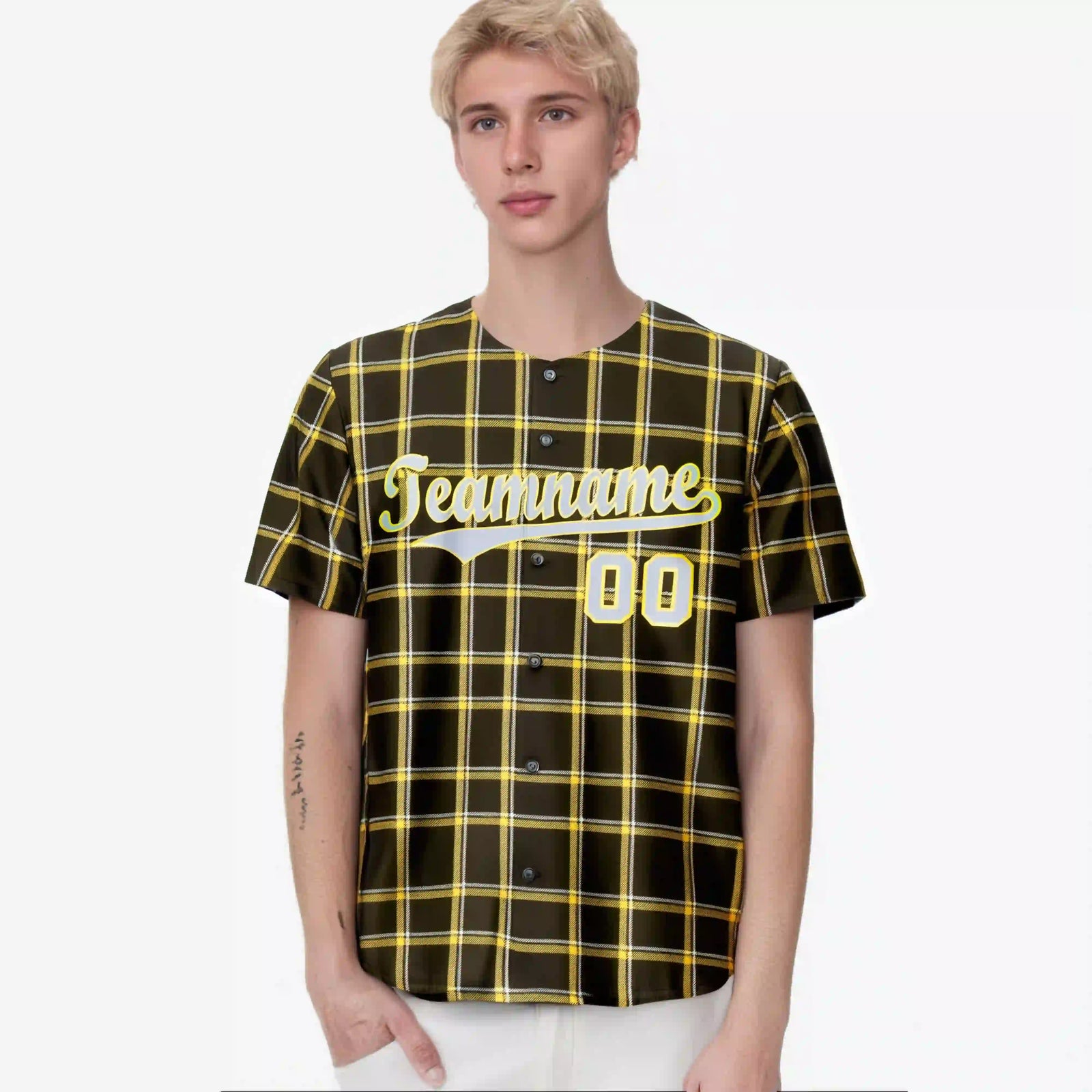 Custom Brown Yellow Personalized Plaid Design Authentic Baseball Jersey