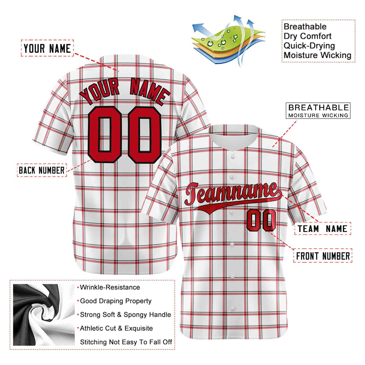 Custom White Red Personalized Plaid Design Authentic Baseball Jersey