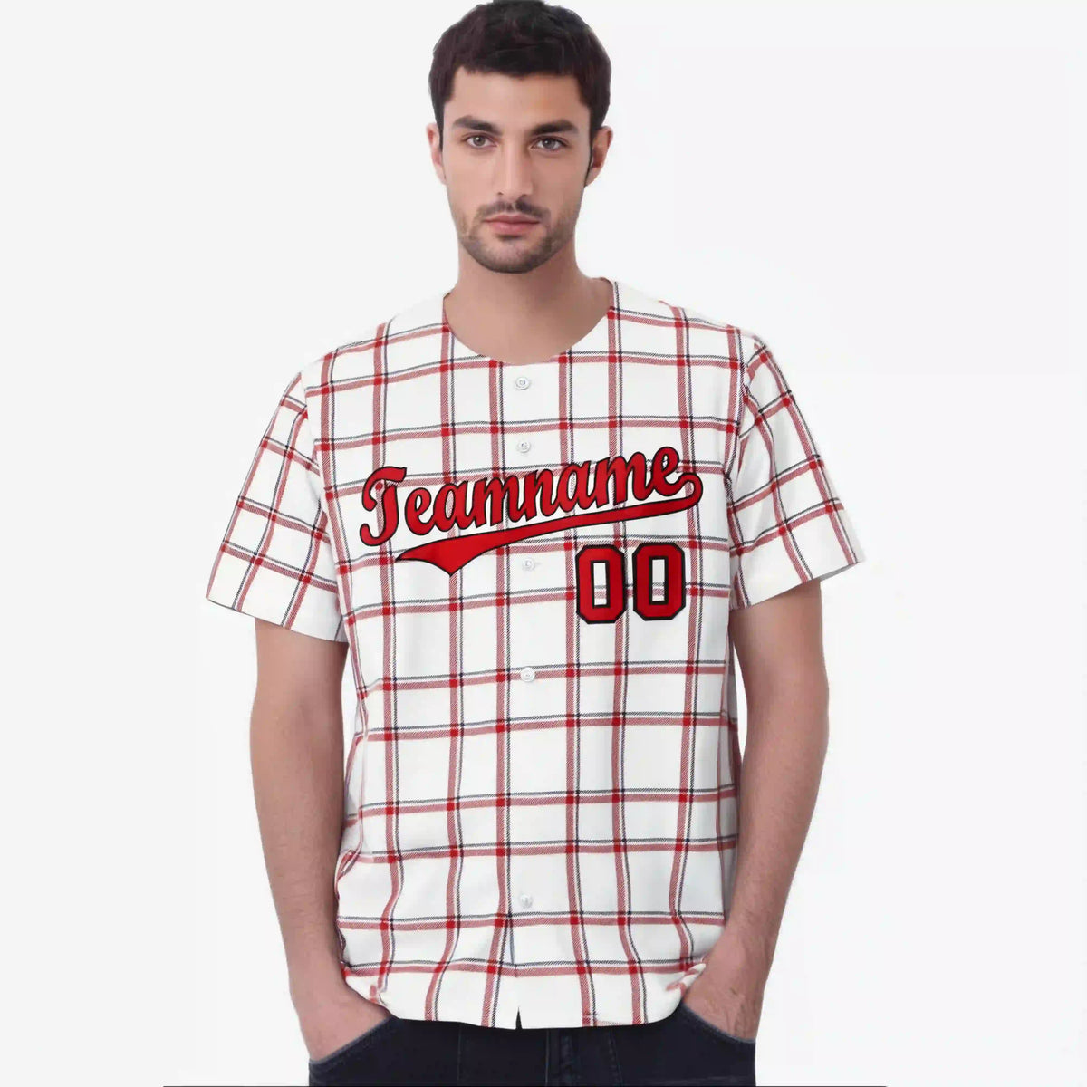 Custom White Red Personalized Plaid Design Authentic Baseball Jersey