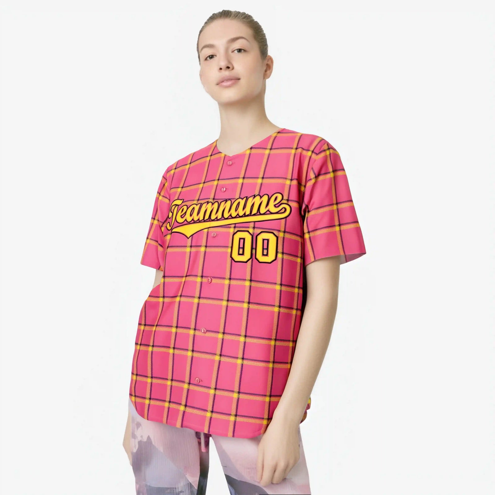 Custom Pink Gold Personalized Plaid Design Authentic Baseball Jersey