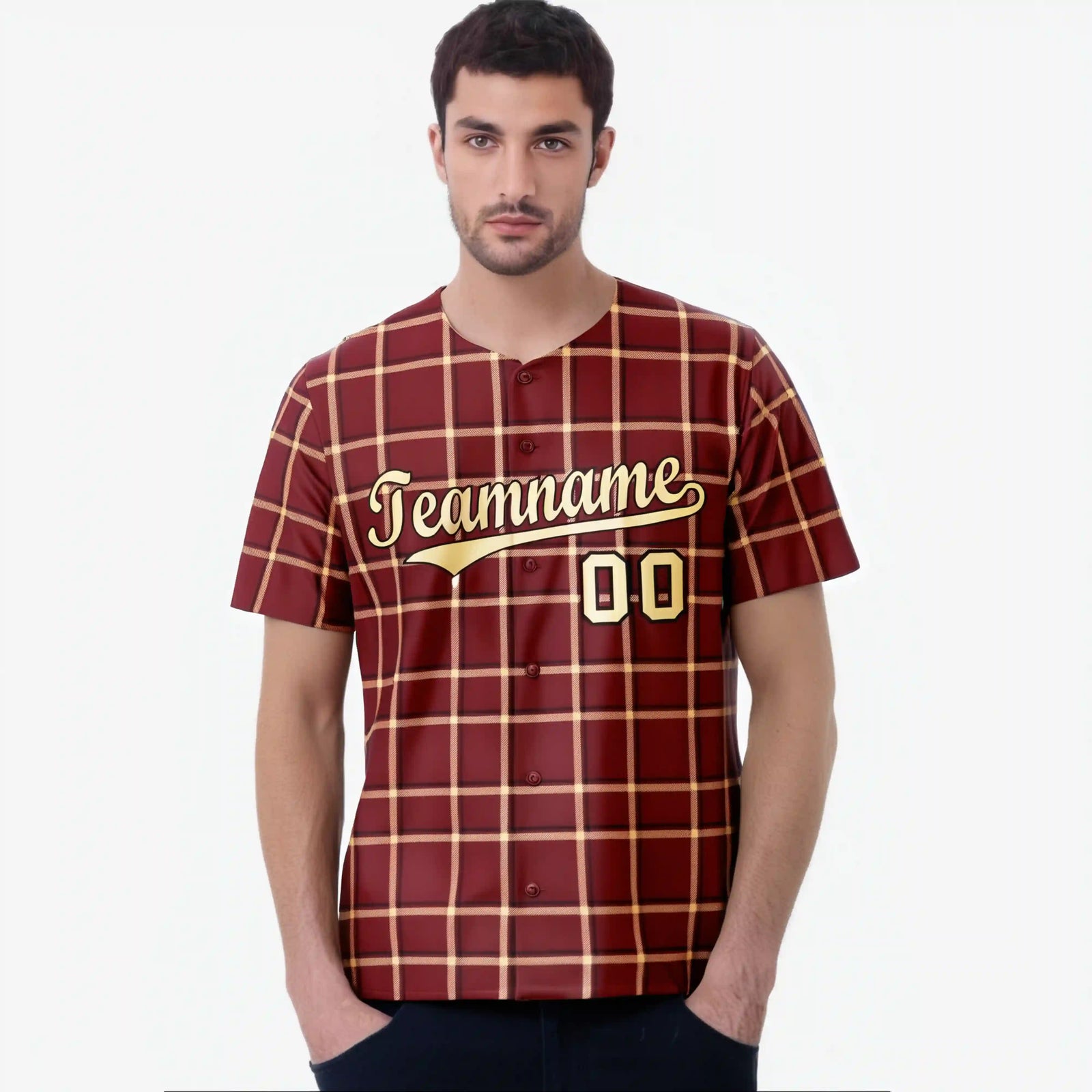 Custom Crimson Khaki Personalized Plaid Design Authentic Baseball Jersey