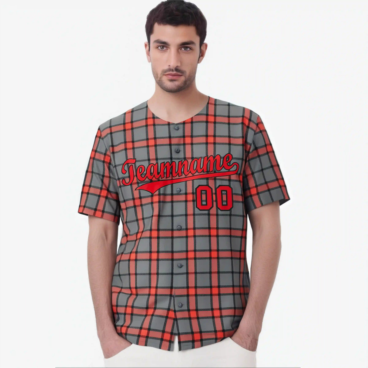 Custom Gray Red Personalized Plaid Design Authentic Baseball Jersey
