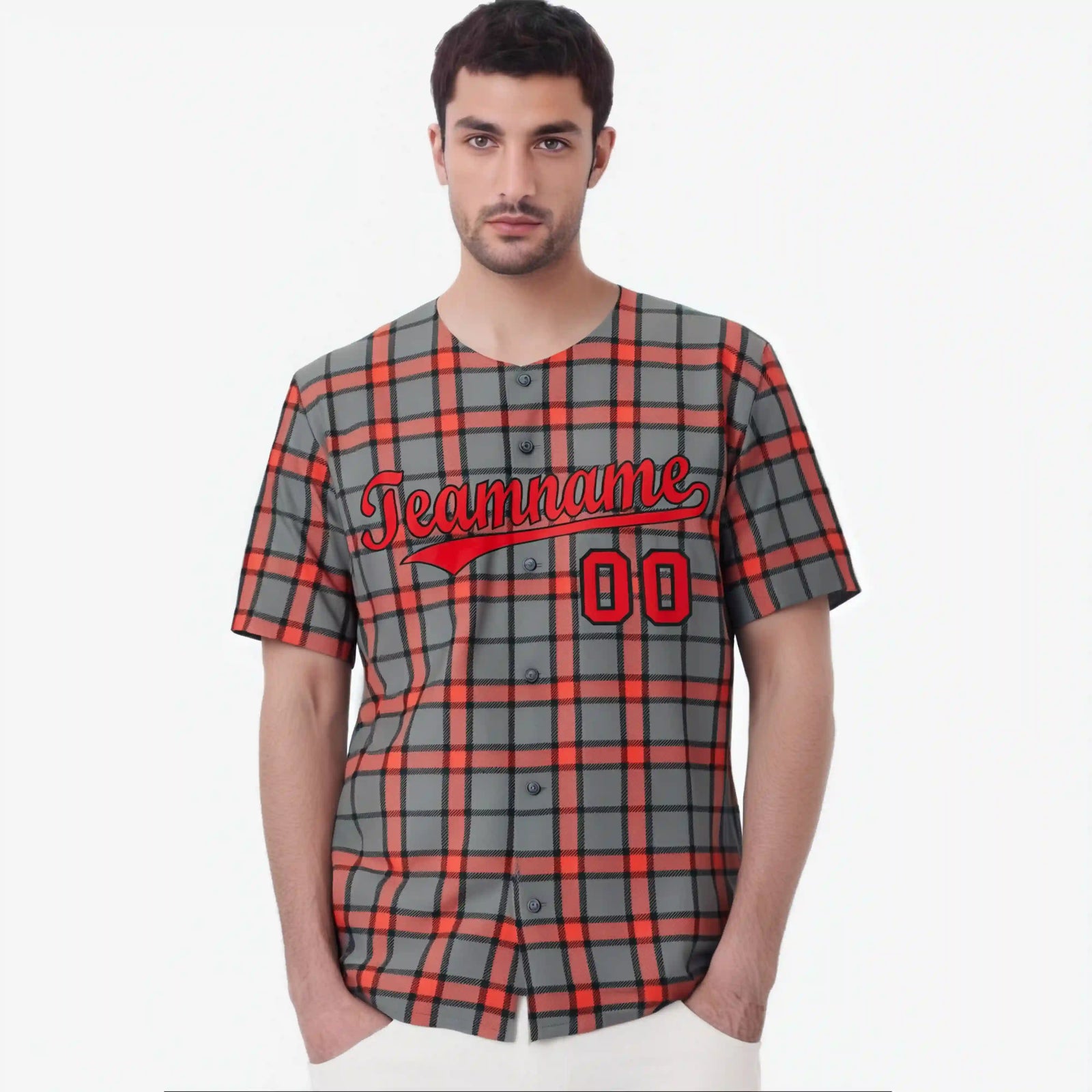 Custom Gray Red Personalized Plaid Design Authentic Baseball Jersey
