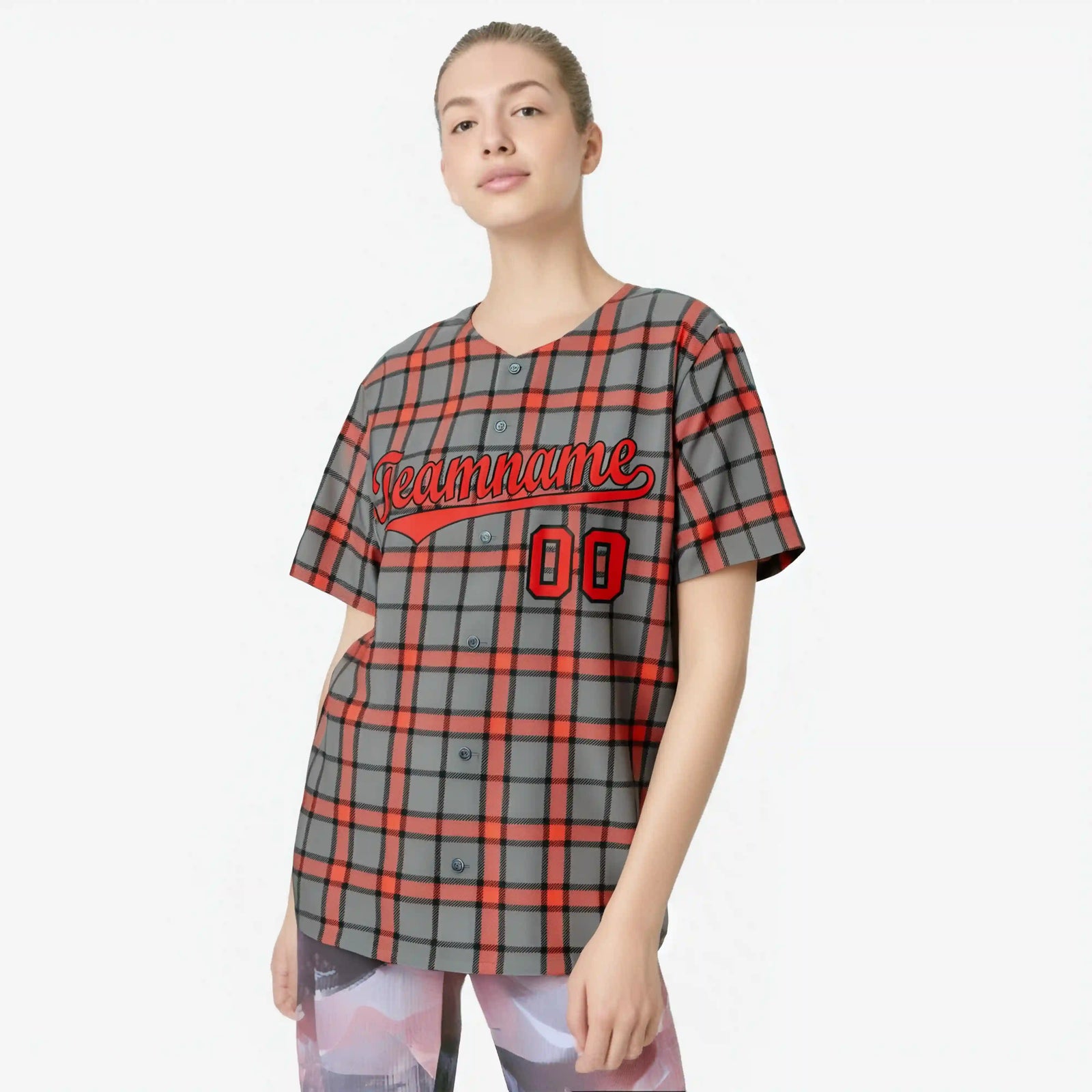 Custom Gray Red Personalized Plaid Design Authentic Baseball Jersey