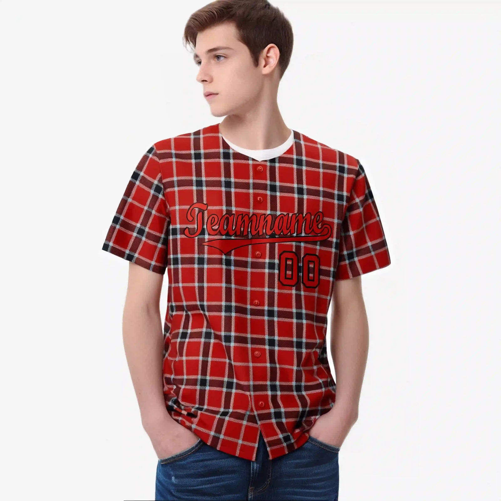 Custom Red Crimson Personalized Plaid Design Authentic Baseball Jersey