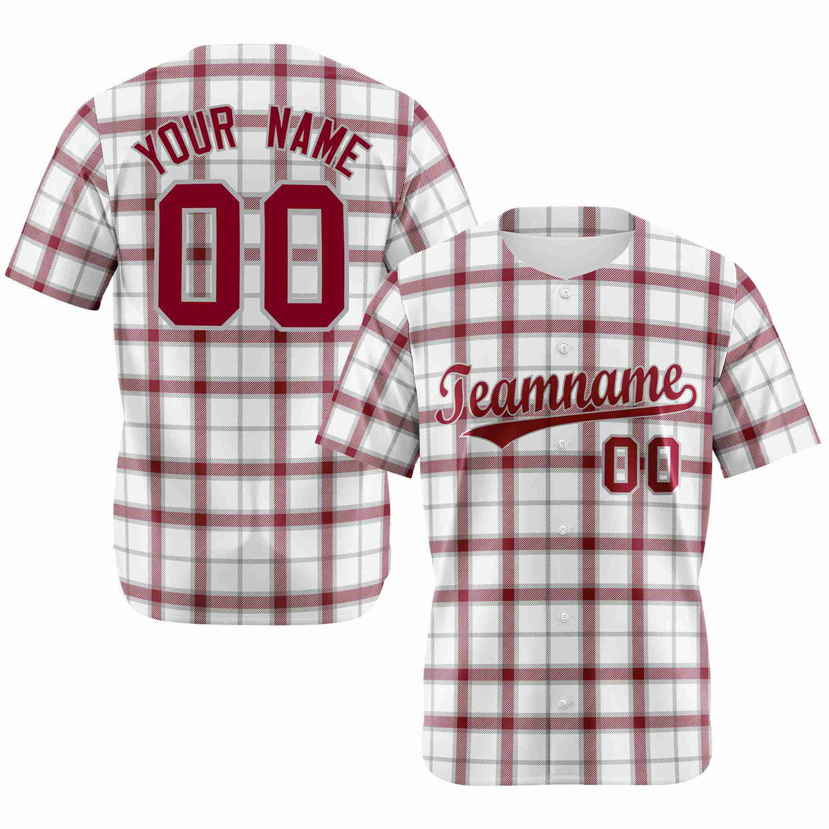 Custom White Crimson Personalized Plaid Design Authentic Baseball Jersey