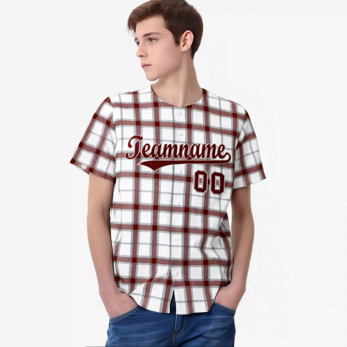 Custom White Crimson Personalized Plaid Design Authentic Baseball Jersey