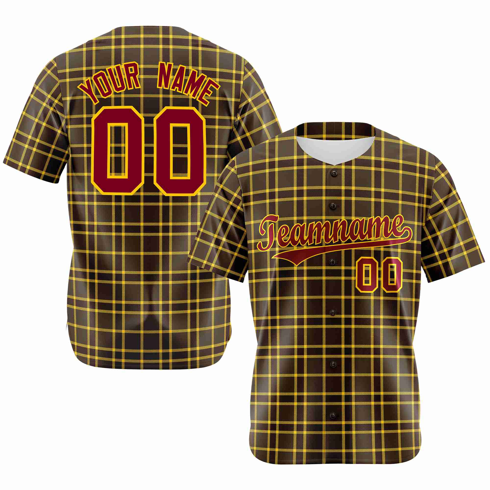 Custom Brown Gold Personalized Plaid Design Authentic Baseball Jersey