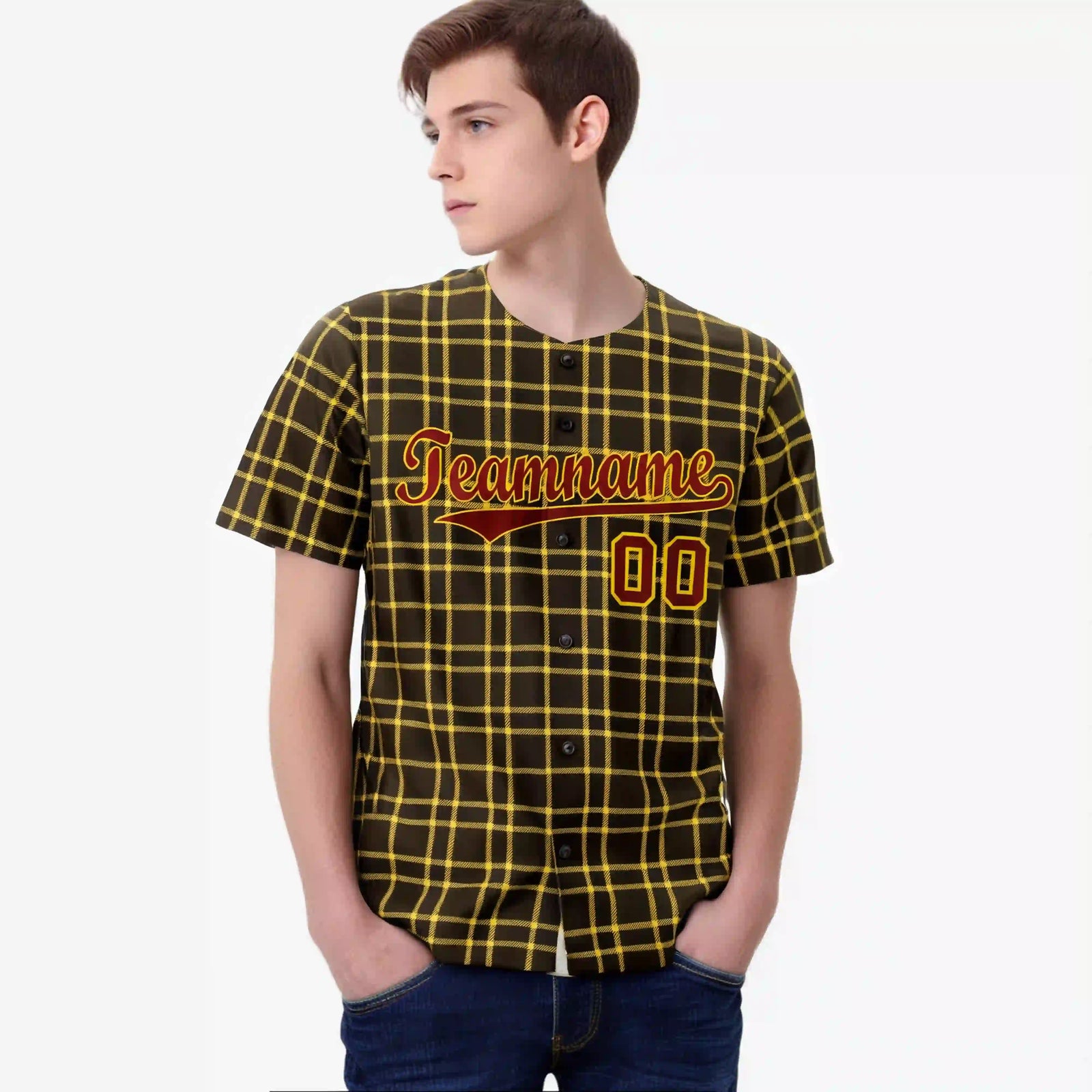 Custom Brown Gold Personalized Plaid Design Authentic Baseball Jersey
