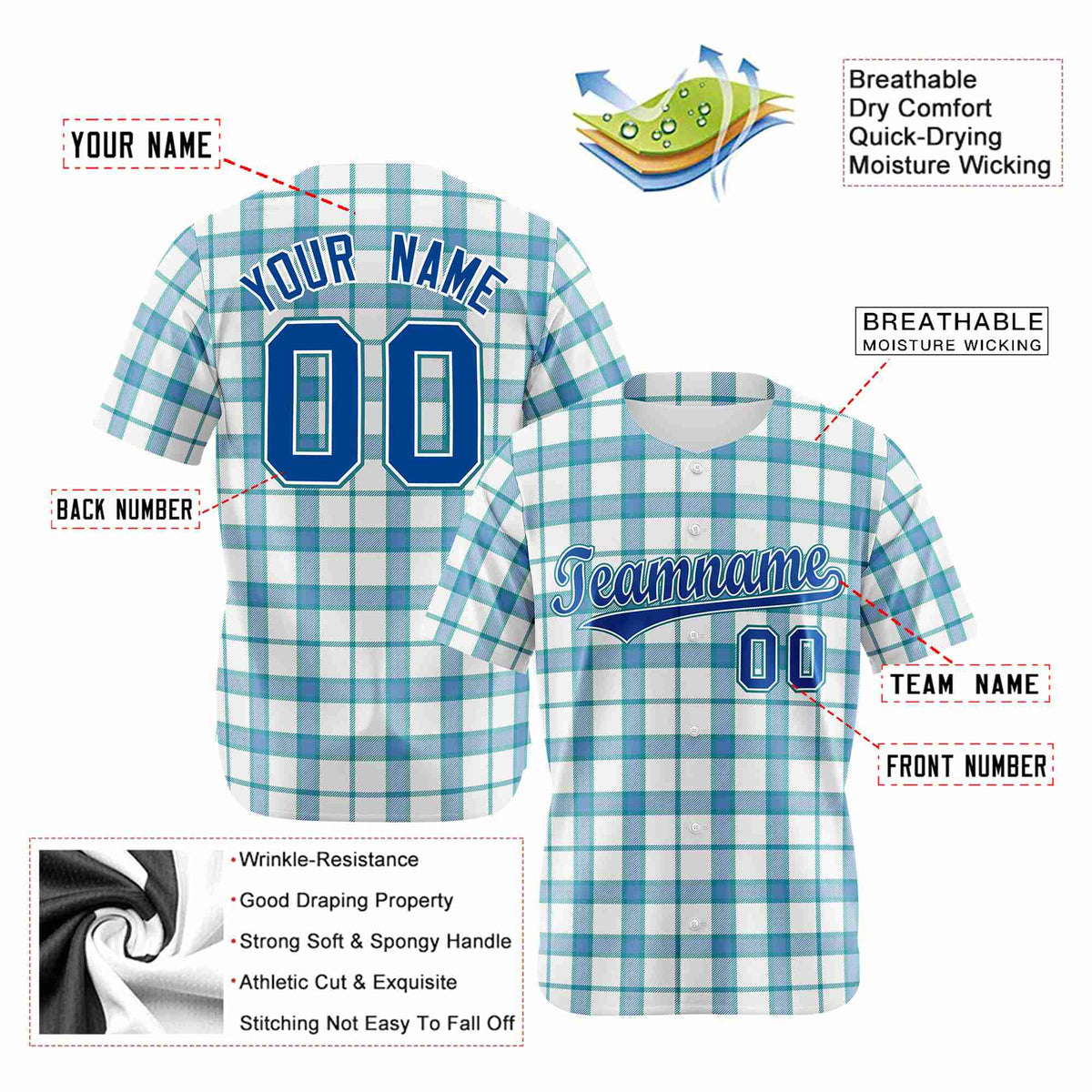 Custom White Light Blue Personalized Plaid Design Authentic Baseball Jersey
