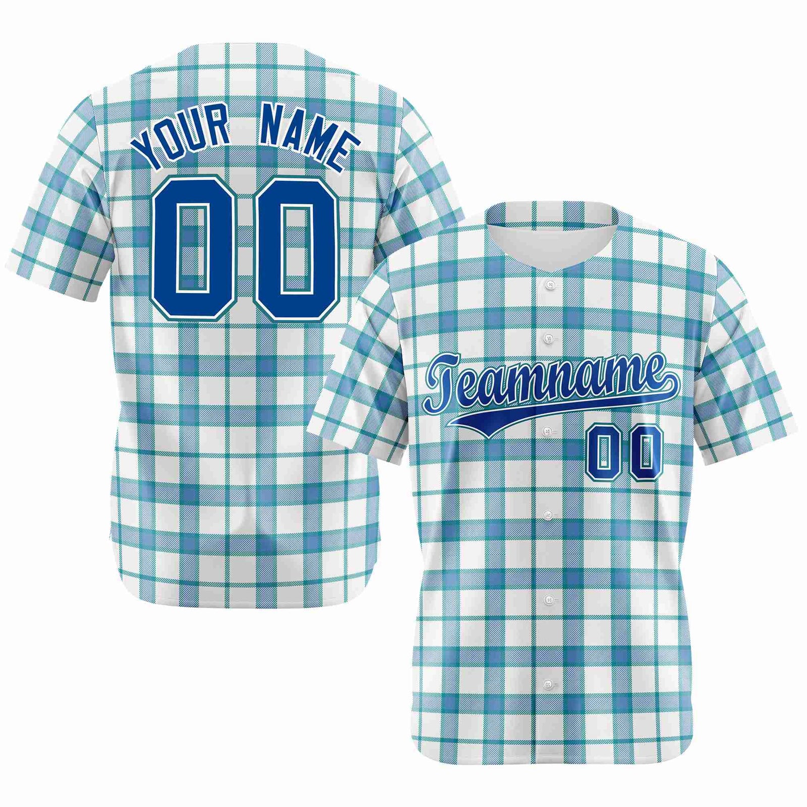 Custom White Light Blue Personalized Plaid Design Authentic Baseball Jersey