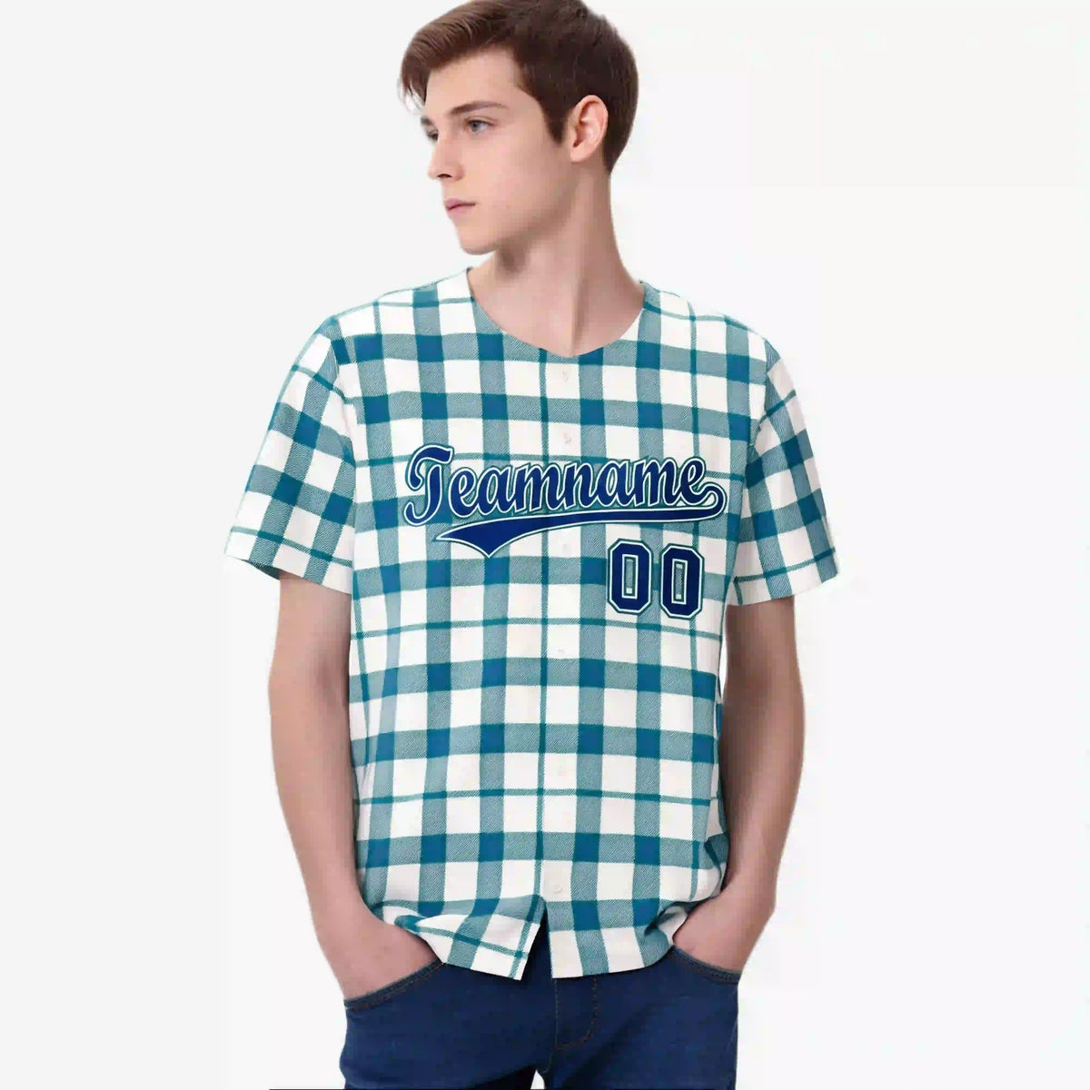 Custom White Light Blue Personalized Plaid Design Authentic Baseball Jersey