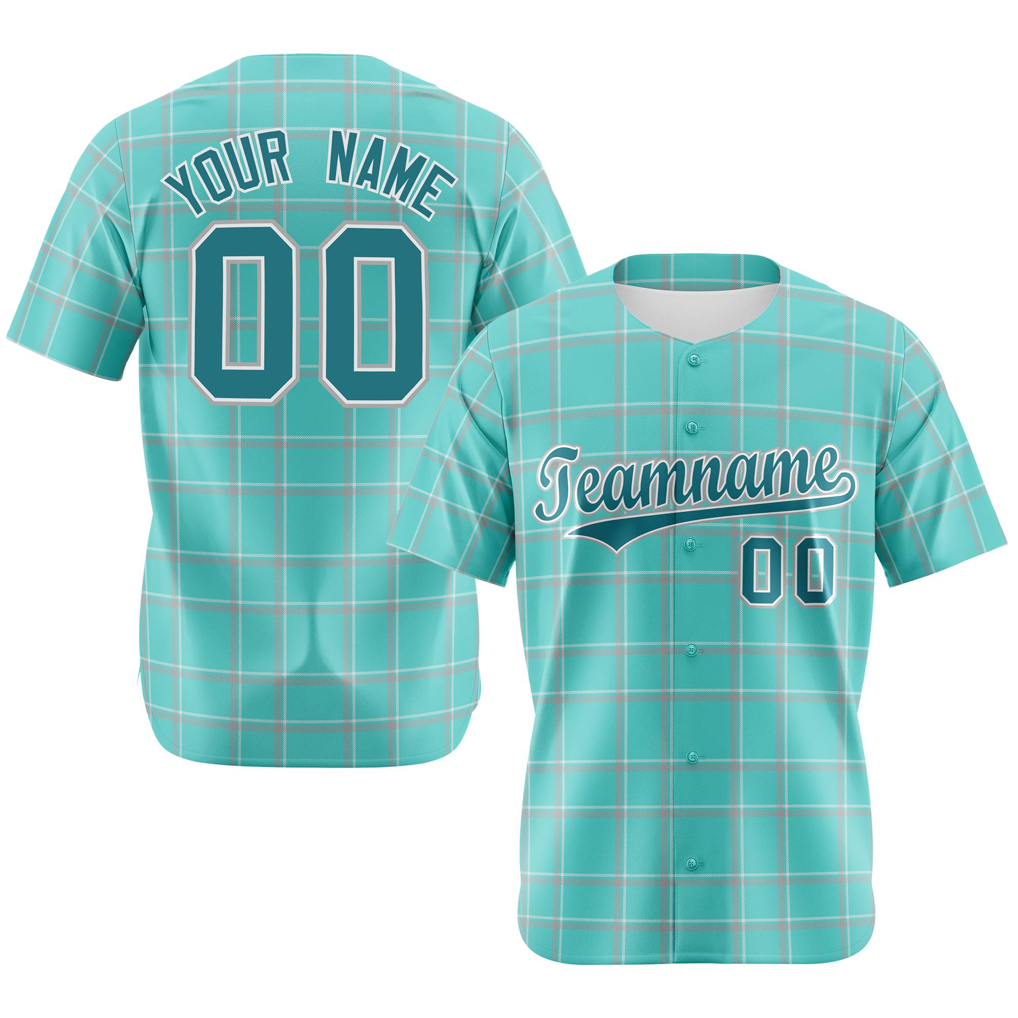 Custom Aqua Gray Personalized Plaid Design Authentic Baseball Jersey