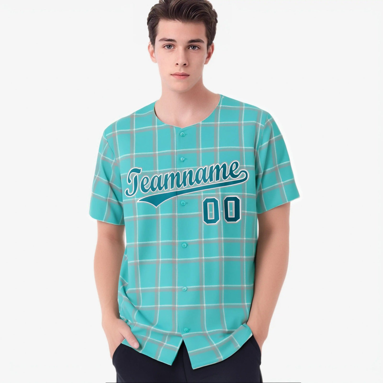 Custom Aqua Gray Personalized Plaid Design Authentic Baseball Jersey