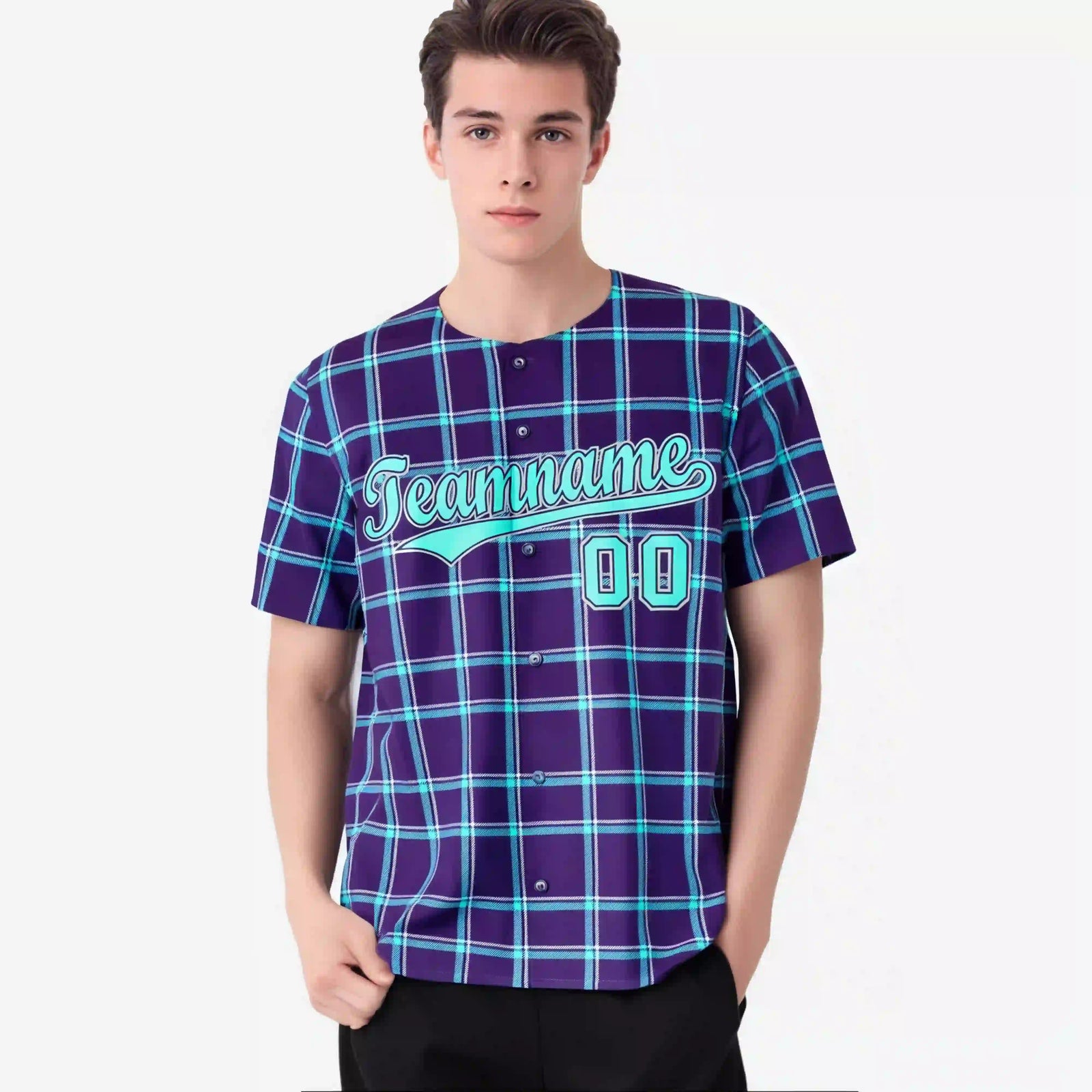 Custom Purple Aqua Personalized Plaid Design Authentic Baseball Jersey