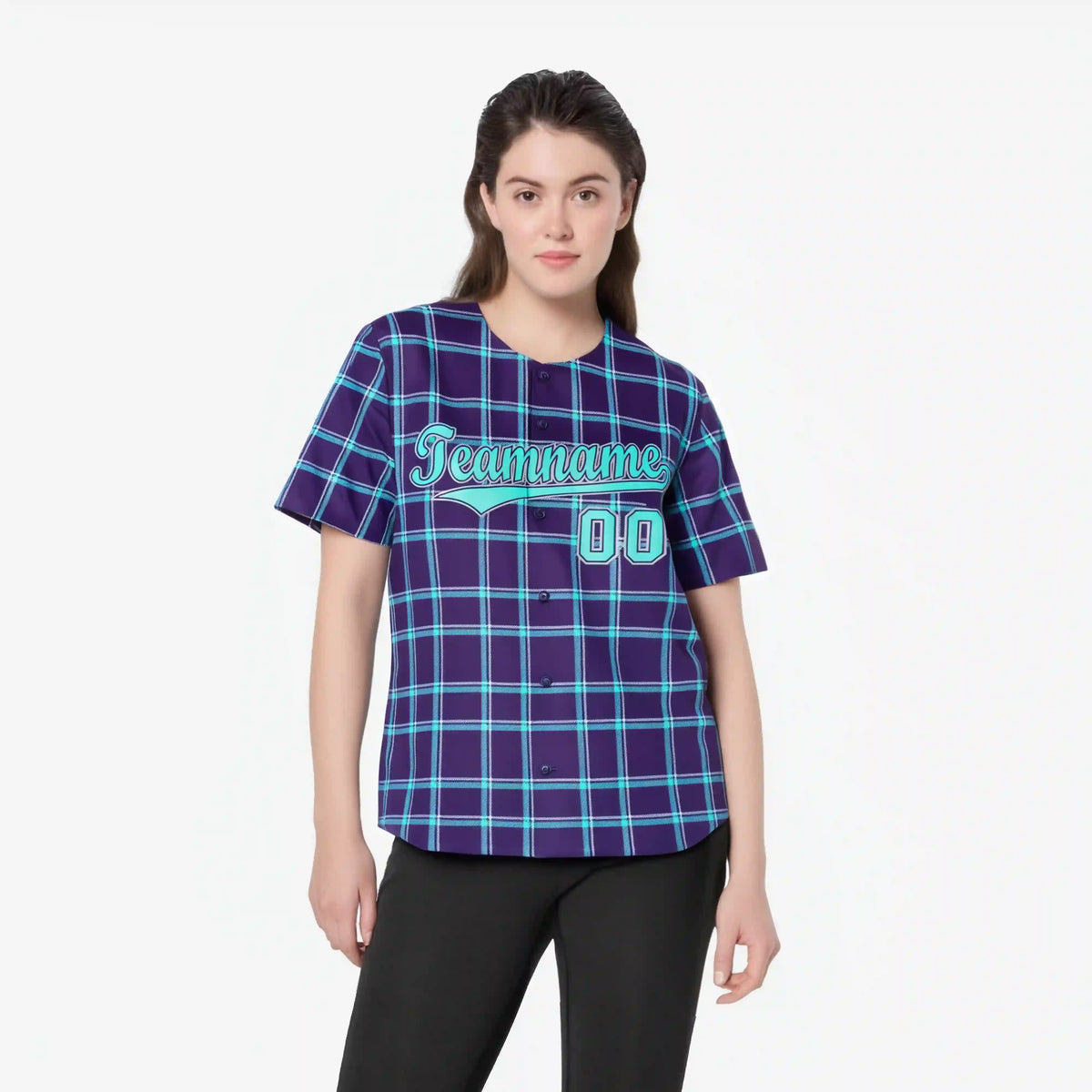 Custom Purple Aqua Personalized Plaid Design Authentic Baseball Jersey