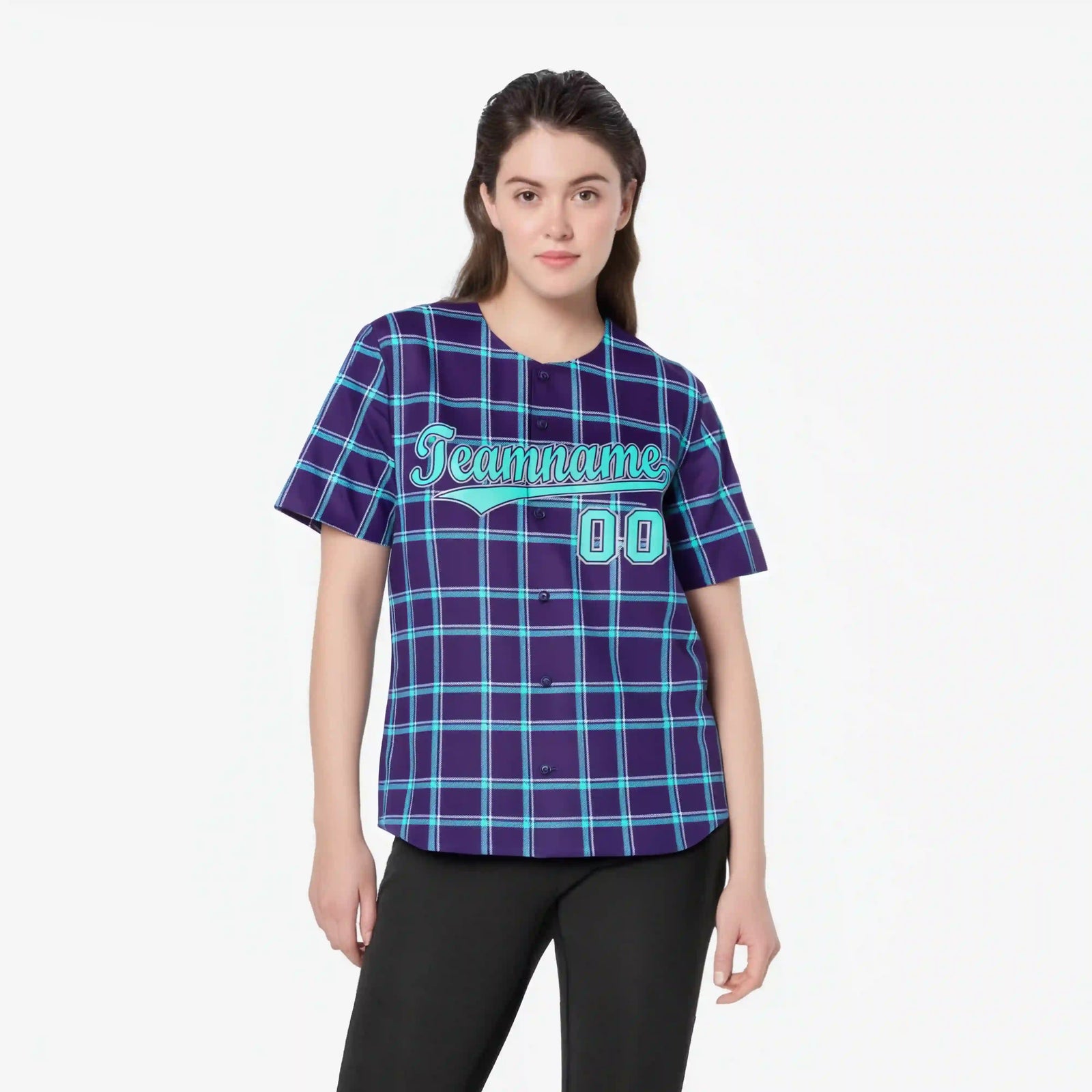 Custom Purple Aqua Personalized Plaid Design Authentic Baseball Jersey