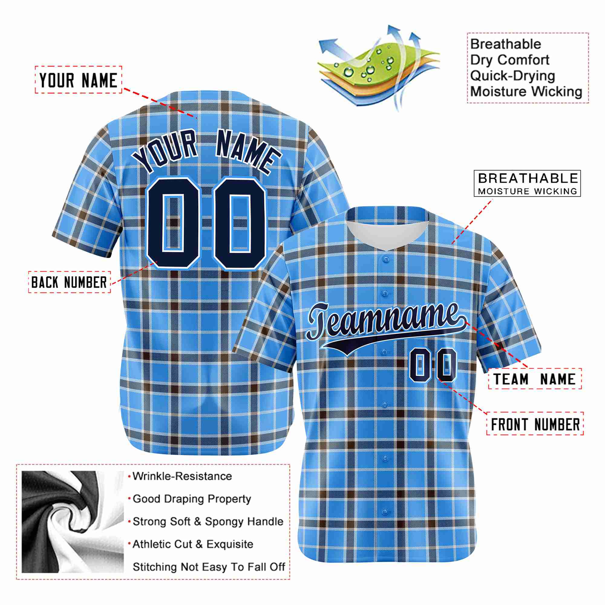 Custom Powder Blue Navy Personalized Plaid Design Authentic Baseball Jersey