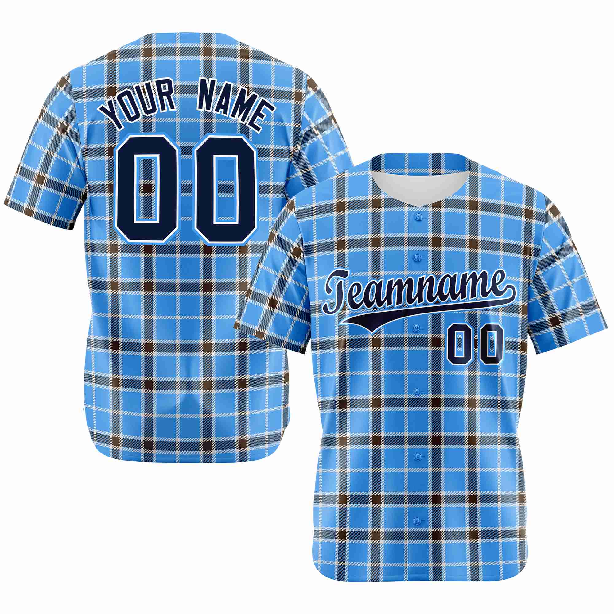 Custom Powder Blue Navy Personalized Plaid Design Authentic Baseball Jersey