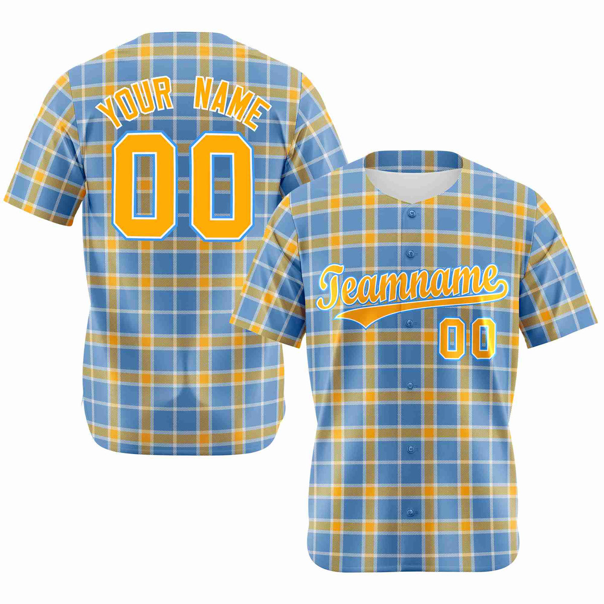 Custom Light Blue Yellow Personalized Plaid Design Authentic Baseball Jersey