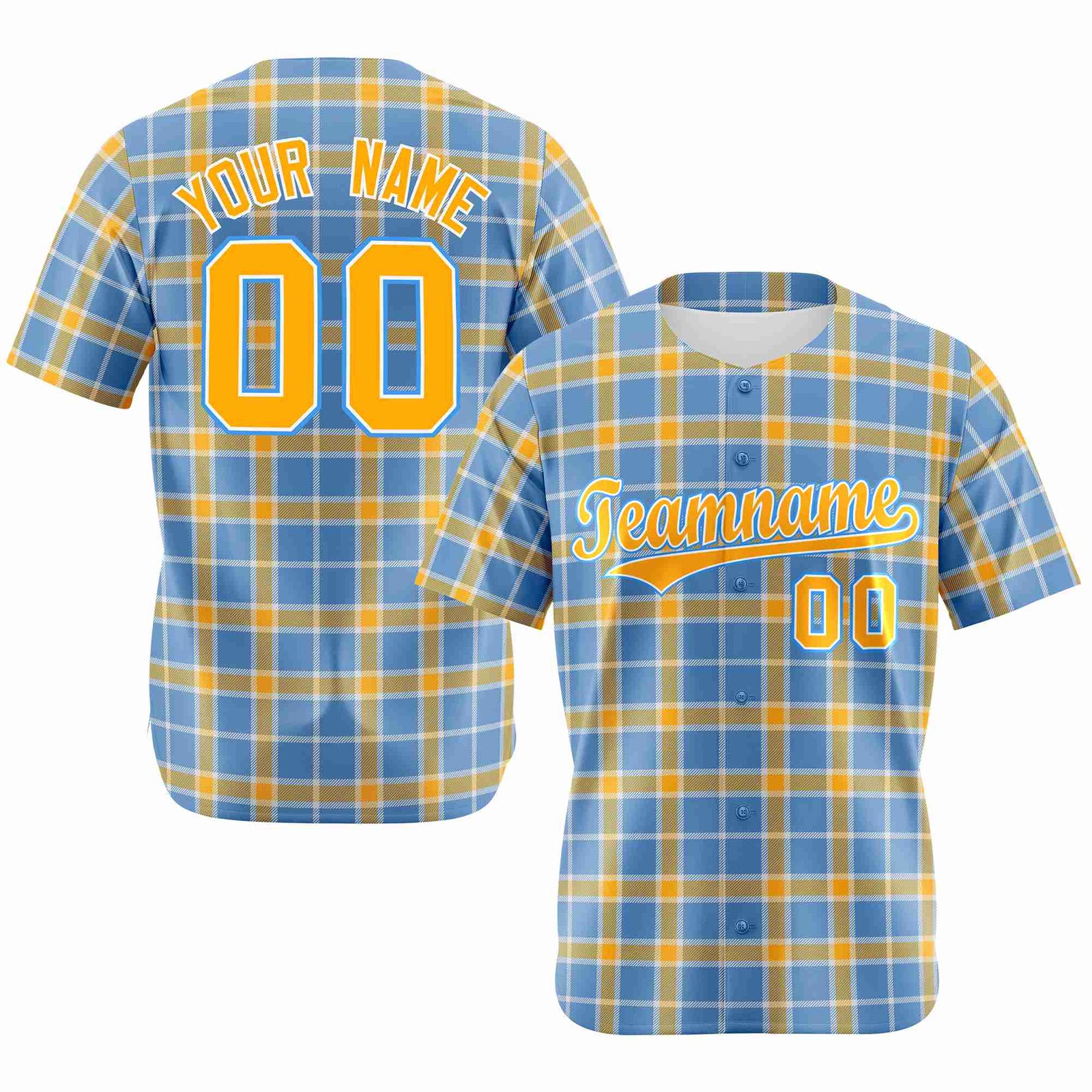 Custom Light Blue Yellow Personalized Plaid Design Authentic Baseball Jersey