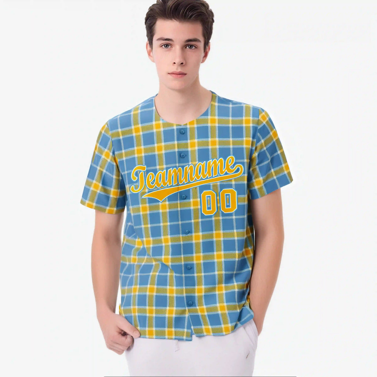 Custom Light Blue Yellow Personalized Plaid Design Authentic Baseball Jersey