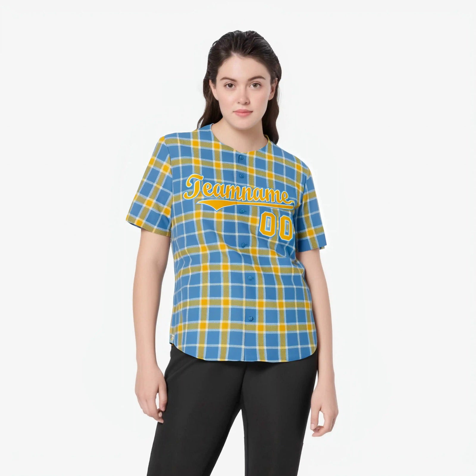 Custom Light Blue Yellow Personalized Plaid Design Authentic Baseball Jersey