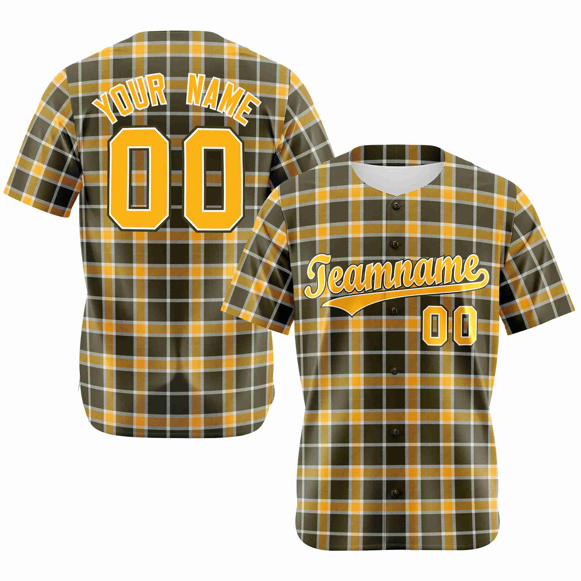 Custom Yellow Dark Gray Personalized Plaid Design Authentic Baseball Jersey