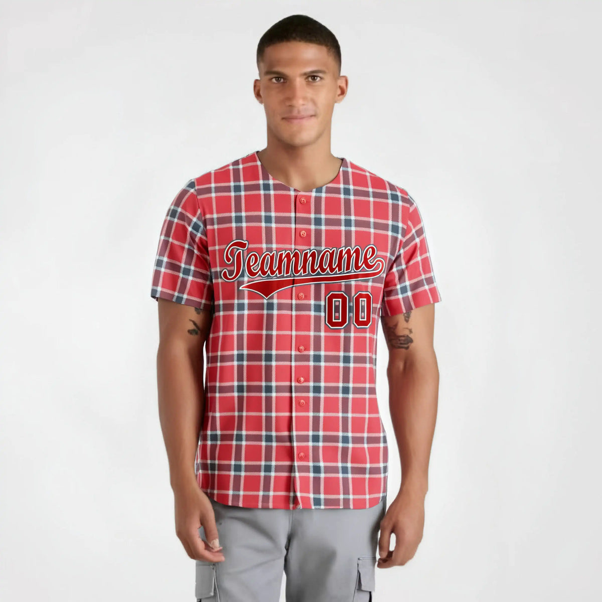 Custom Light Red Crimson Personalized Plaid Design Authentic Baseball Jersey