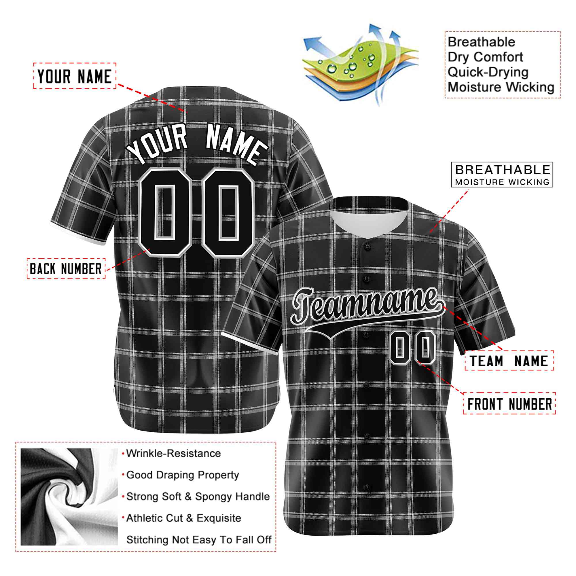 Custom Black Gray Personalized Plaid Design Authentic Baseball Jersey