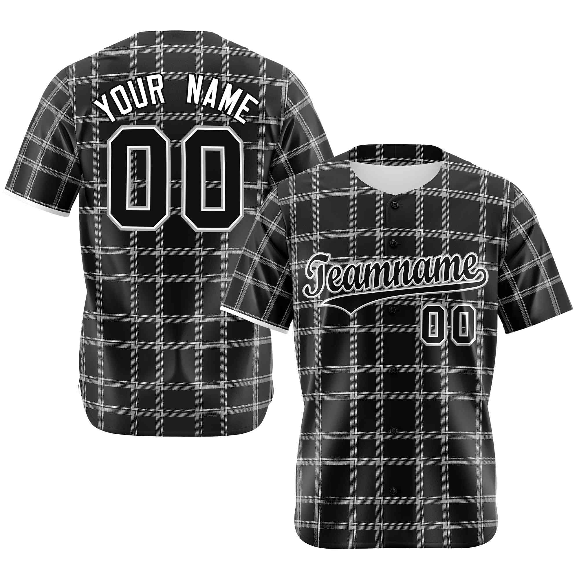 Custom Black Gray Personalized Plaid Design Authentic Baseball Jersey