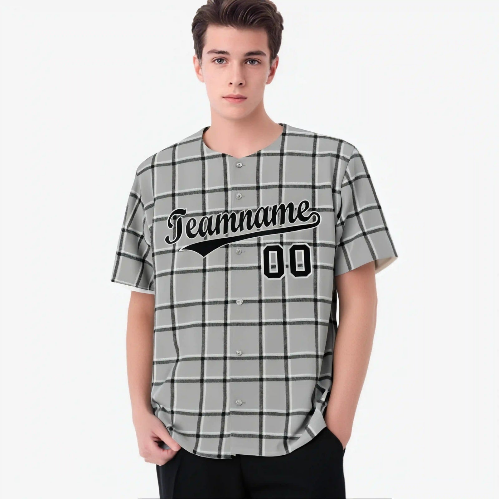 Custom Gray Black Personalized Plaid Design Authentic Baseball Jersey
