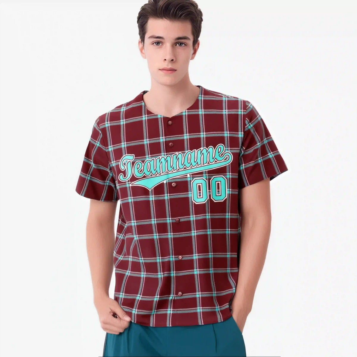 Custom Crimson Aqua Personalized Plaid Design Authentic Baseball Jersey