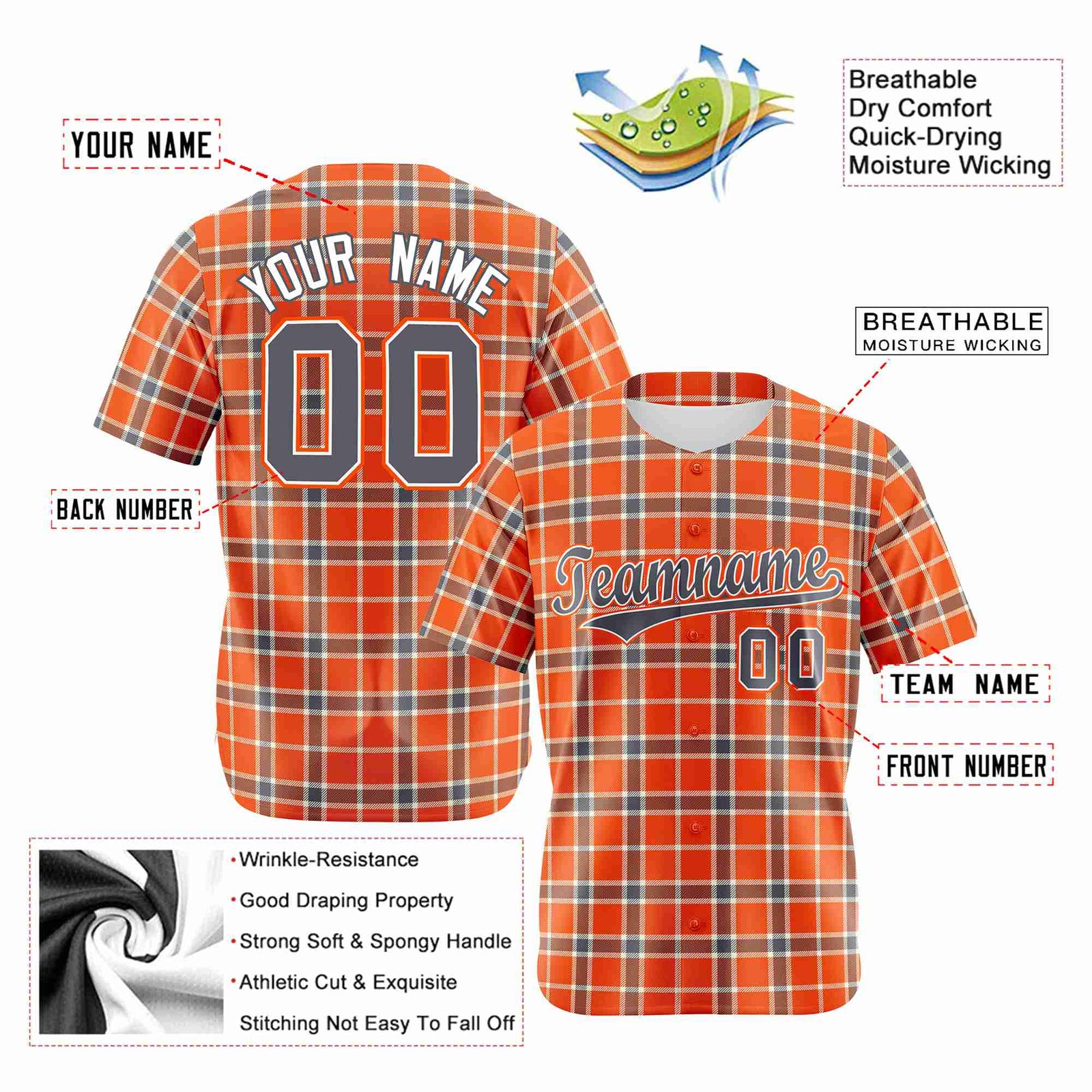 Custom Orange Brown Personalized Plaid Design Authentic Baseball Jersey